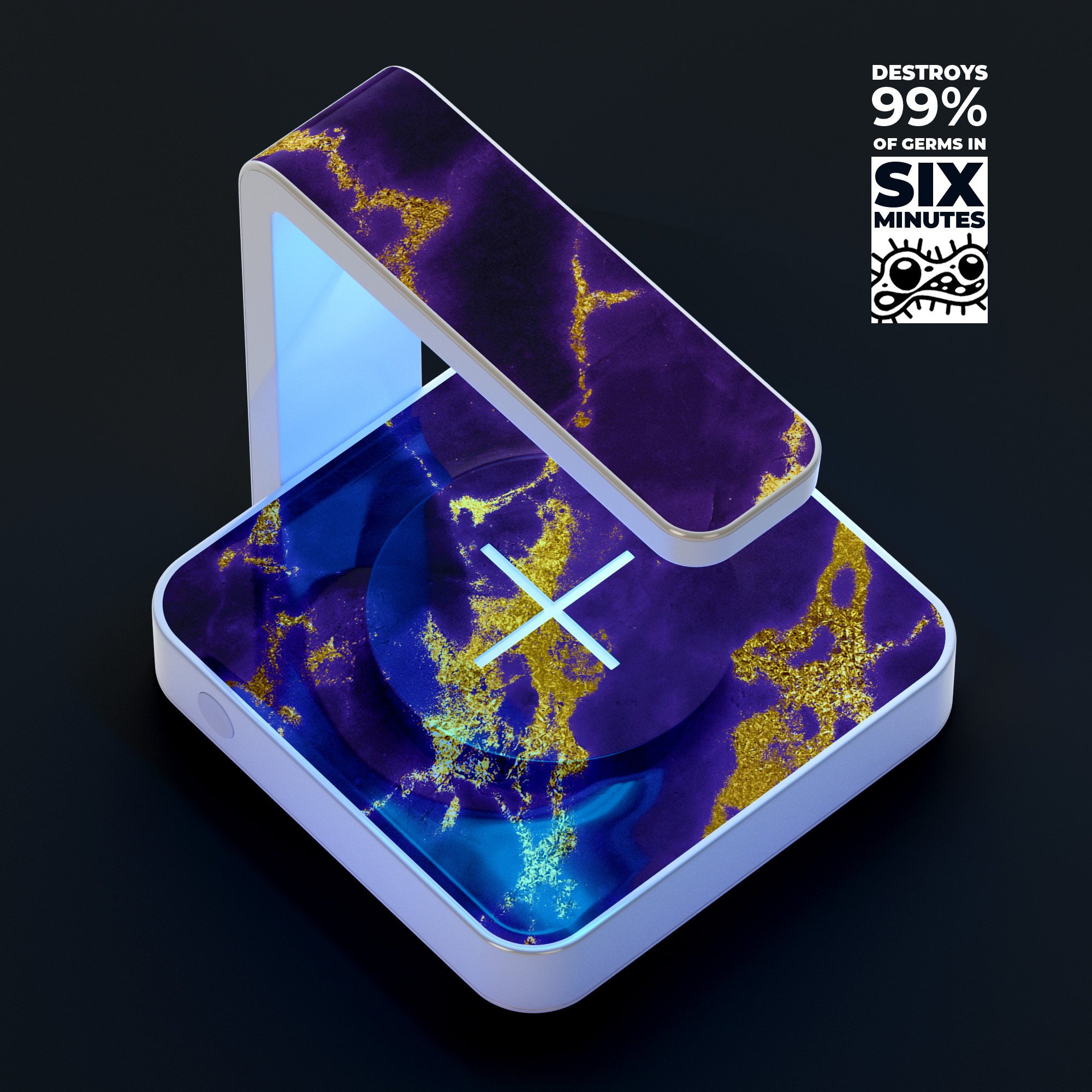 Purple Marble & Digital Gold Foil V3 UV Germicidal Sanitizing Wireless Charger with decorative skin, USB cable, and sterilizing lamp feature.