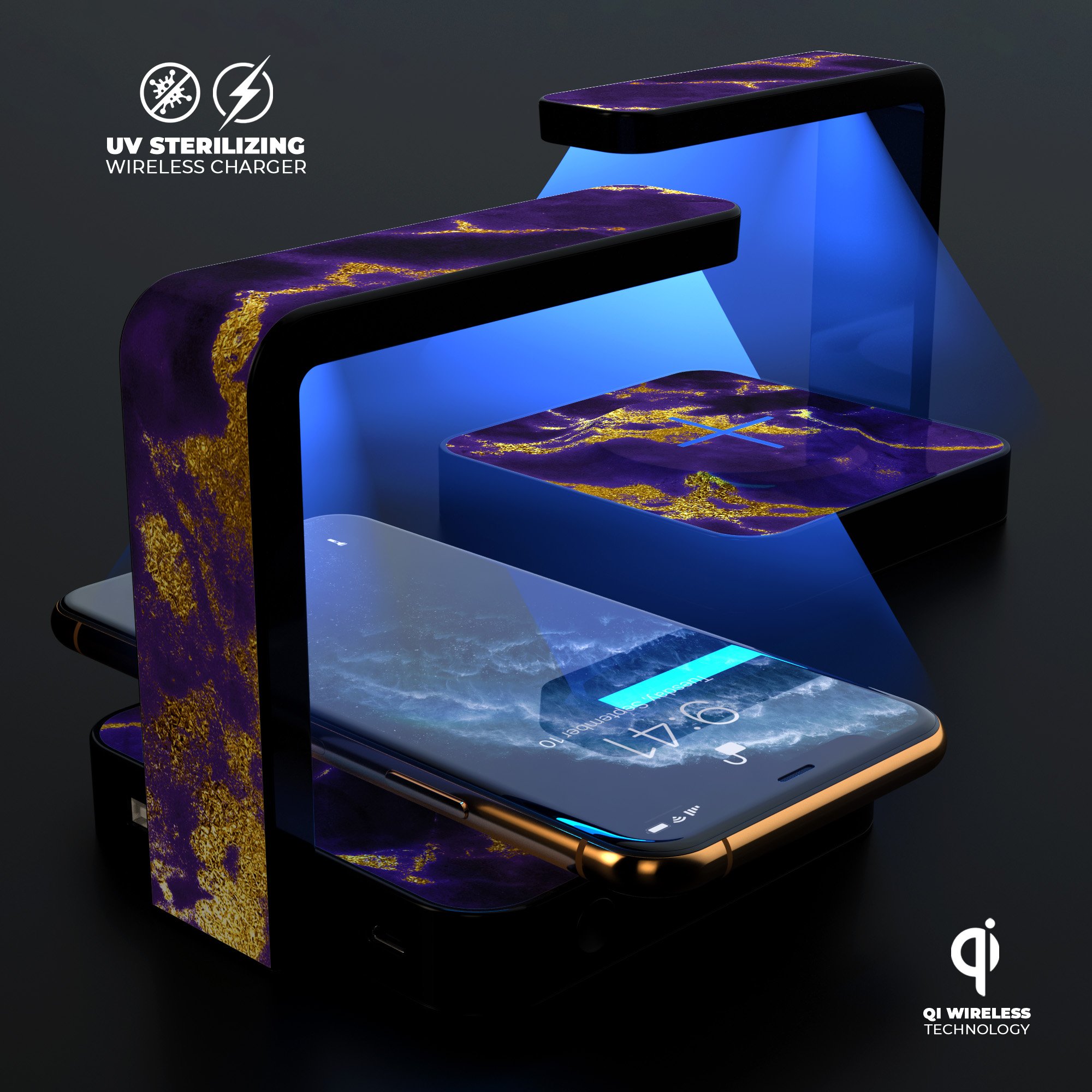 Purple Marble & Digital Gold Foil V3 UV Germicidal Sanitizing Wireless Charger with decorative skin, USB cable, and sterilizing lamp feature.