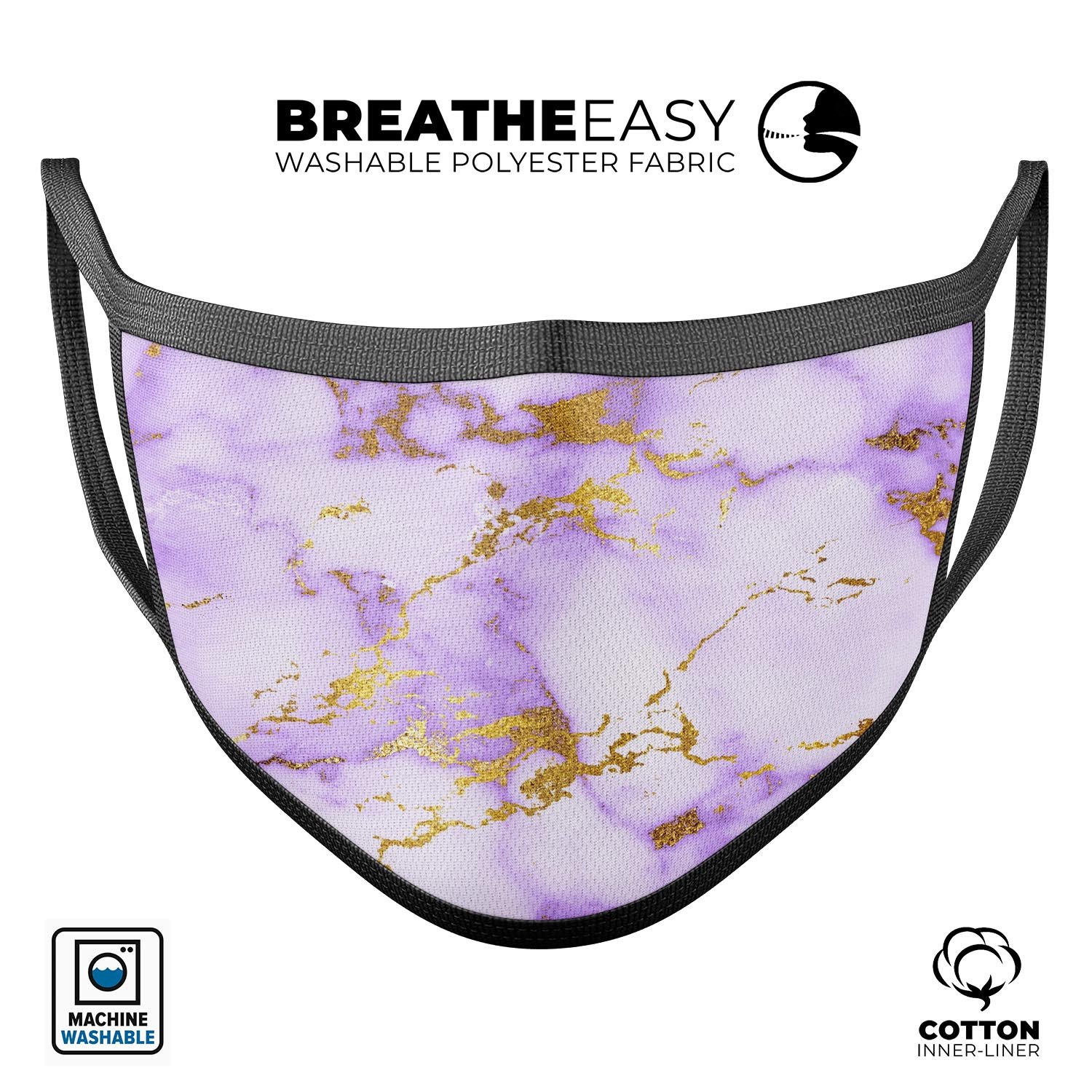 Purple Marble & Digital Gold Foil V5 mouth cover, showcasing a stylish design with adjustable ear loops for a comfortable fit.