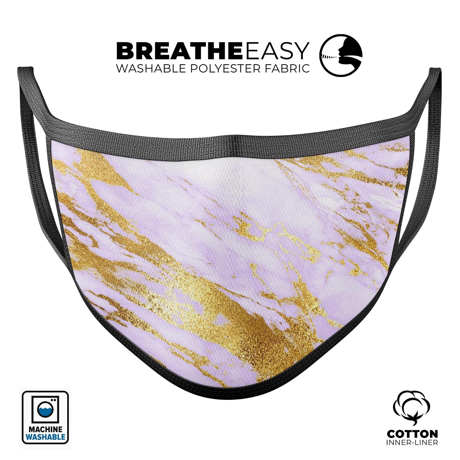 Purple Marble & Digital Gold Foil V7 mouth cover, featuring a stylish design and adjustable ear loops for a comfortable fit.