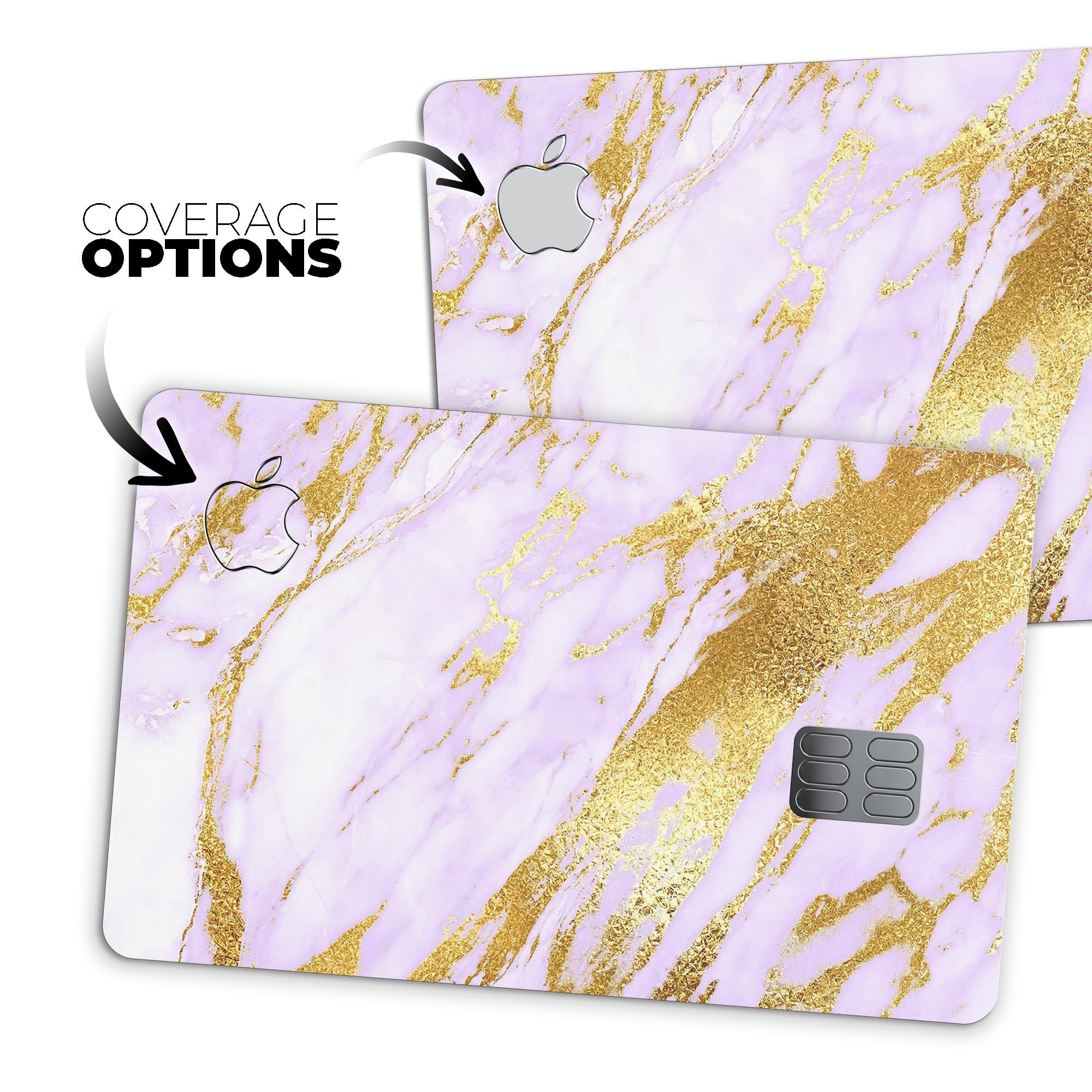 Purple Marble and Digital Gold Foil V7 decal on an Apple Card, showcasing its stylish design and premium quality.