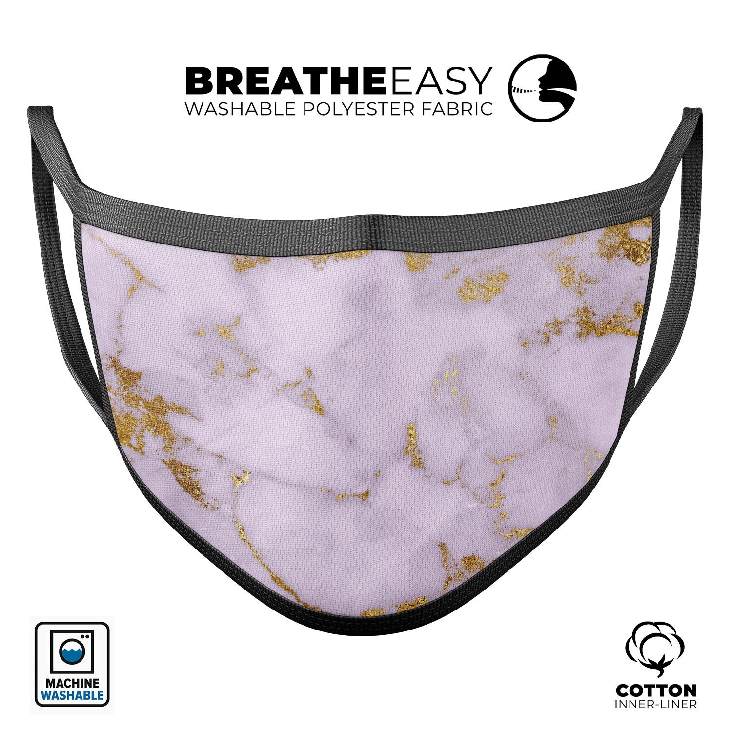 Purple Marble & Digital Gold Foil V9 mouth cover, showcasing vibrant colors and adjustable ear loops for a comfortable fit.