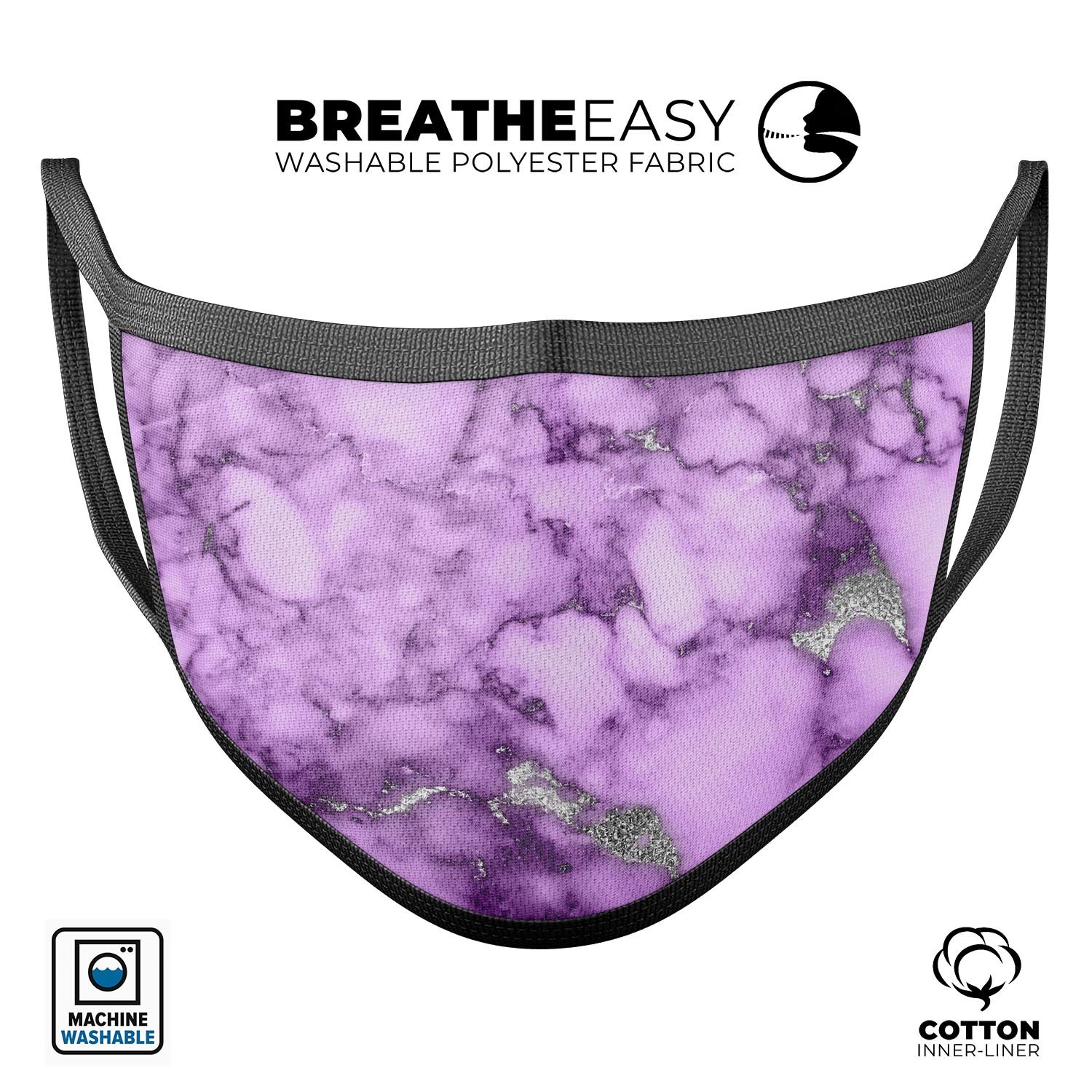 Purple Marble & Digital Silver Foil V1 mouth cover, showcasing a stylish design with adjustable ear loops for a comfortable fit.