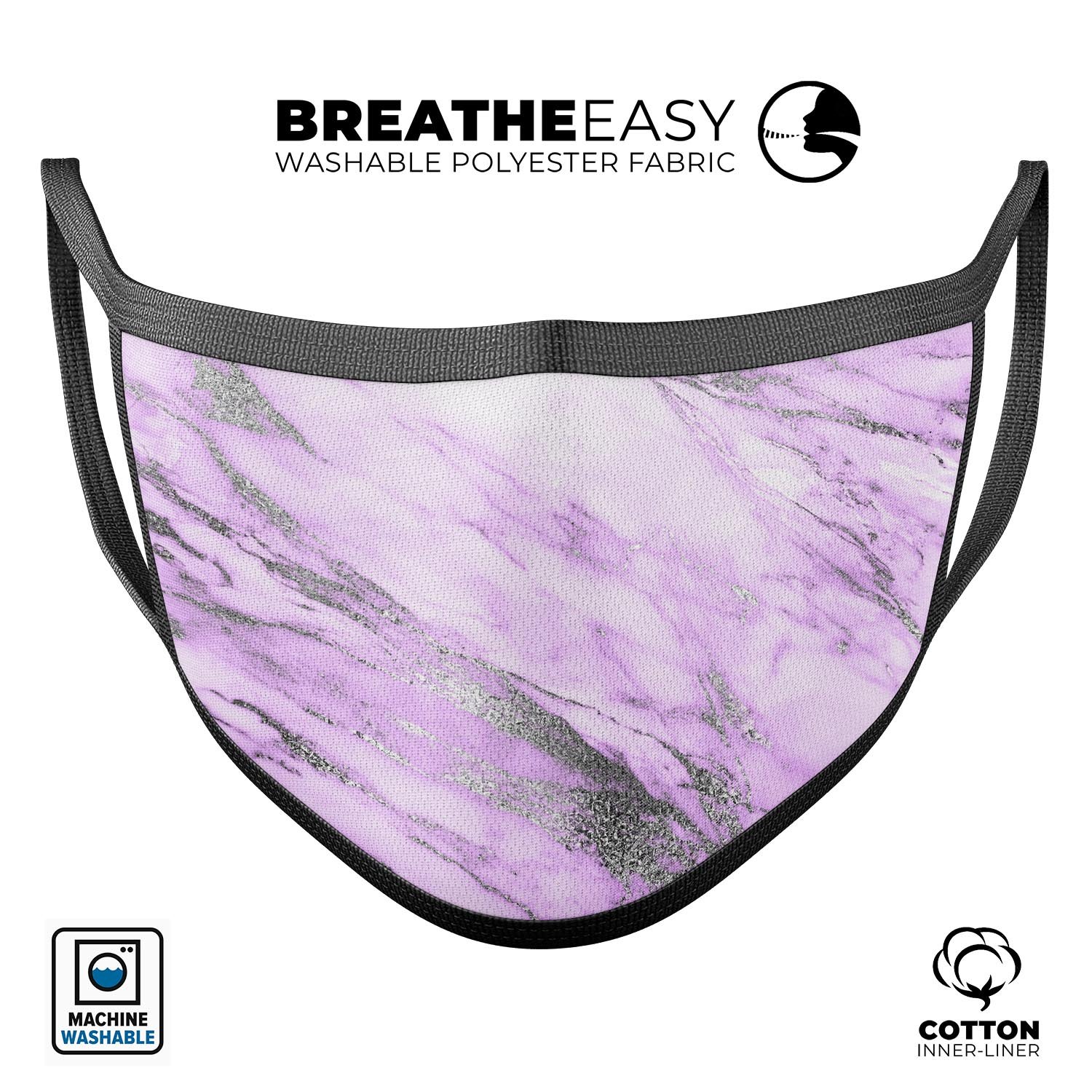 Purple Marble & Digital Silver Foil V10 mouth cover, showcasing a vibrant design with adjustable ear loops for a comfortable fit.