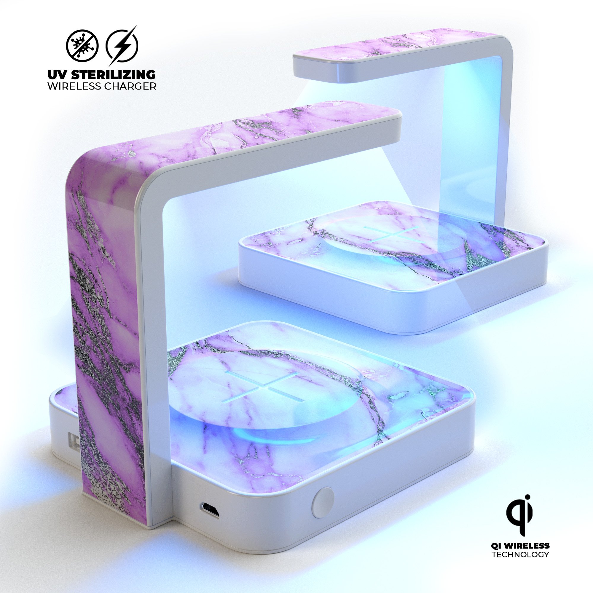 Purple Marble & Digital Silver Foil V10 UV Germicidal Sanitizing Wireless Charger with decorative skin and USB cable.