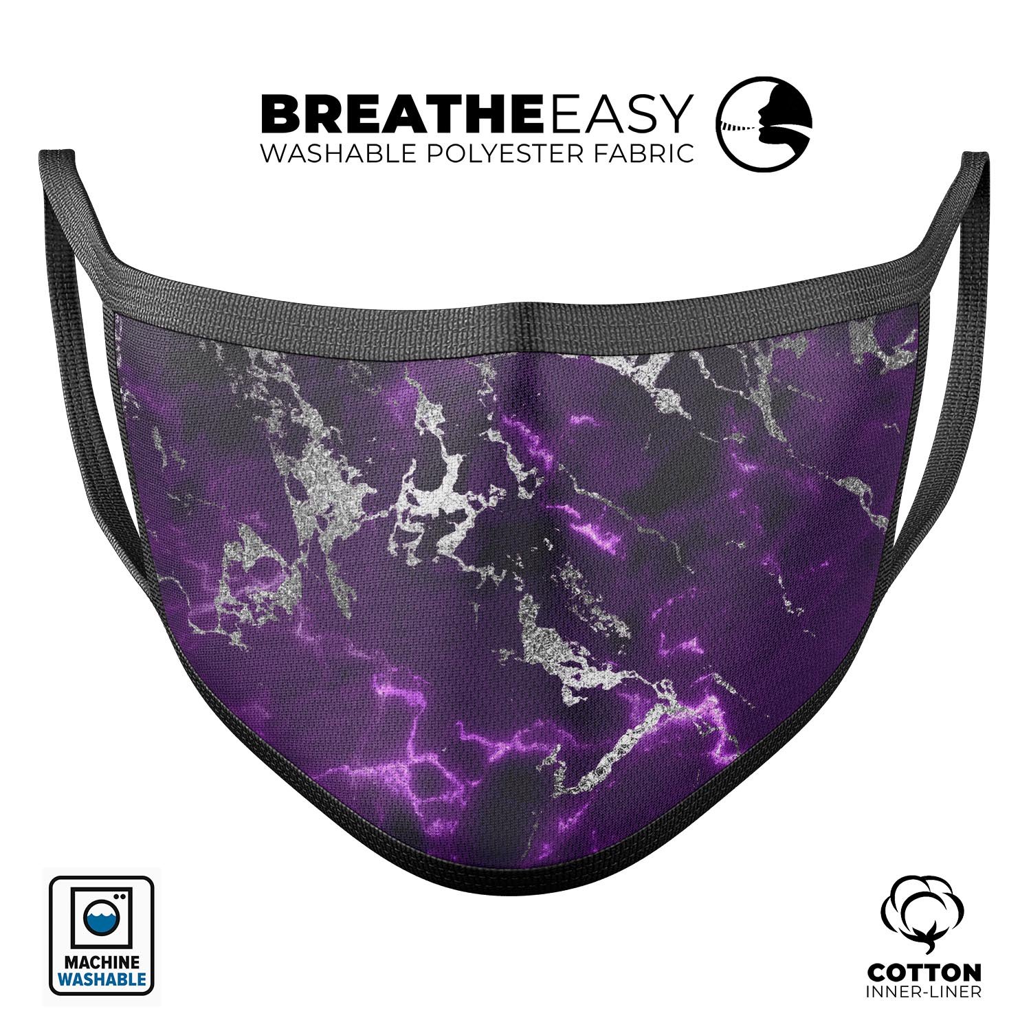 Purple Marble & Digital Silver Foil V2 mouth cover, showcasing a vibrant design with adjustable ear loops for a comfortable fit.