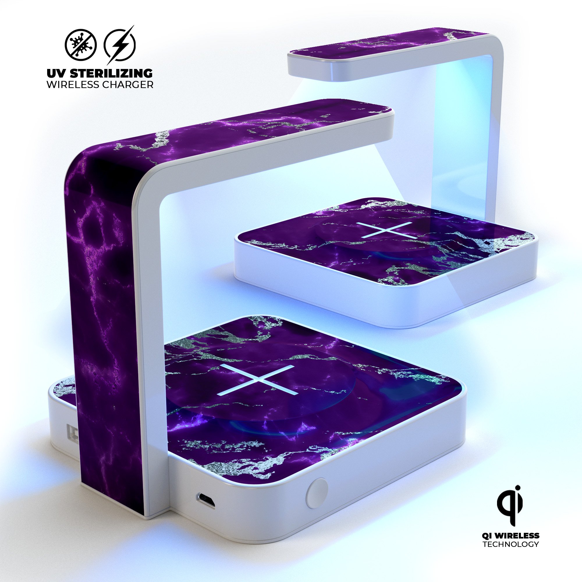 Purple Marble & Digital Silver Foil V2 UV Germicidal Sanitizing Wireless Charger with decorative skin and USB cable.