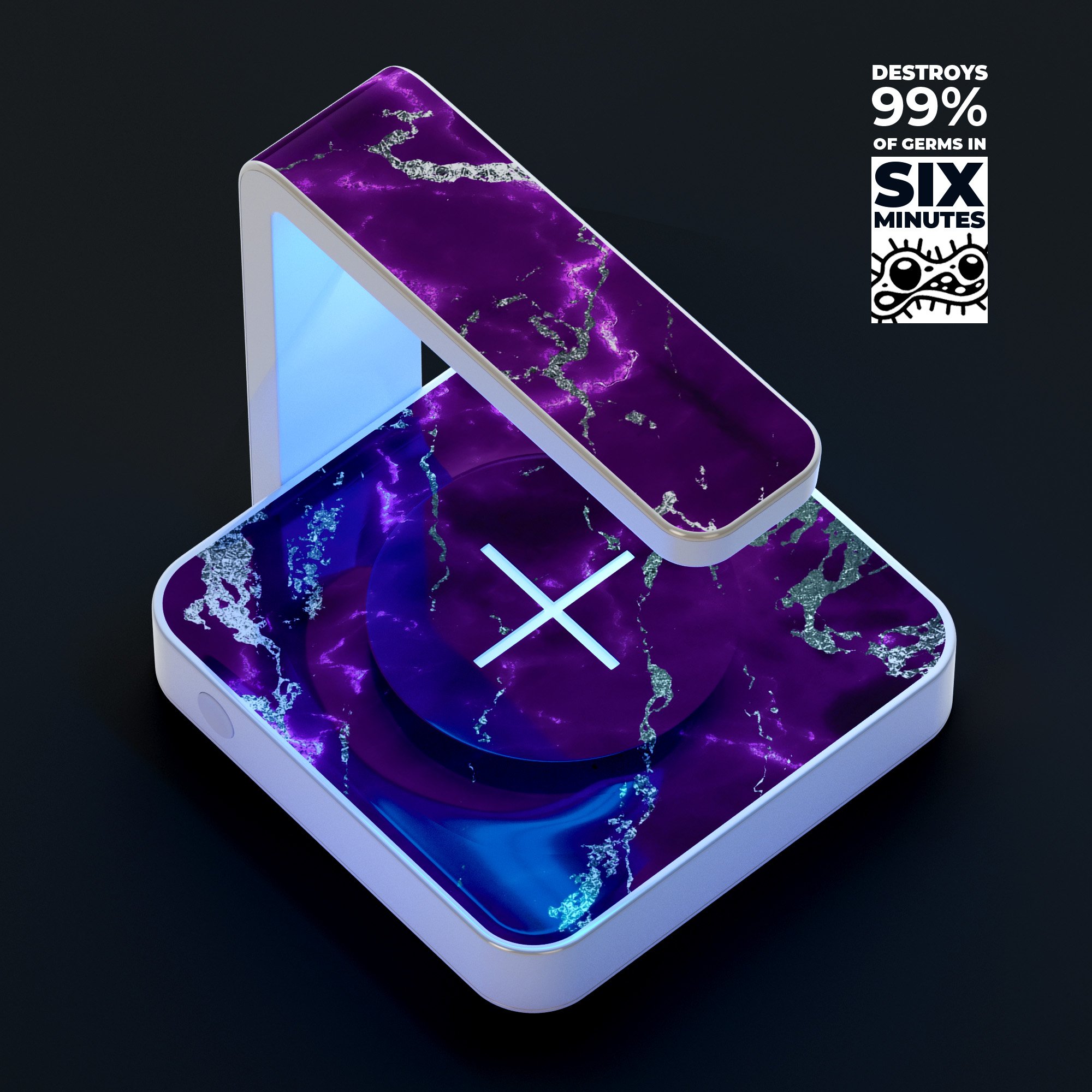 Purple Marble & Digital Silver Foil V2 UV Germicidal Sanitizing Wireless Charger with decorative skin and USB cable.