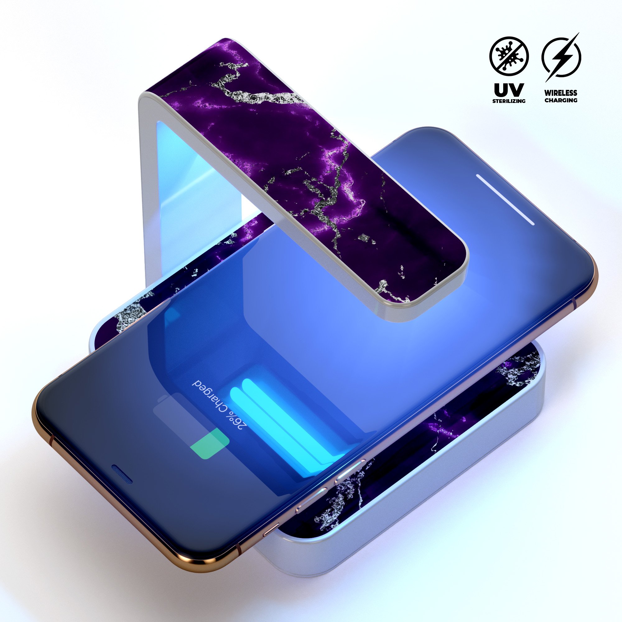 Purple Marble & Digital Silver Foil V2 UV Germicidal Sanitizing Wireless Charger with decorative skin and USB cable.