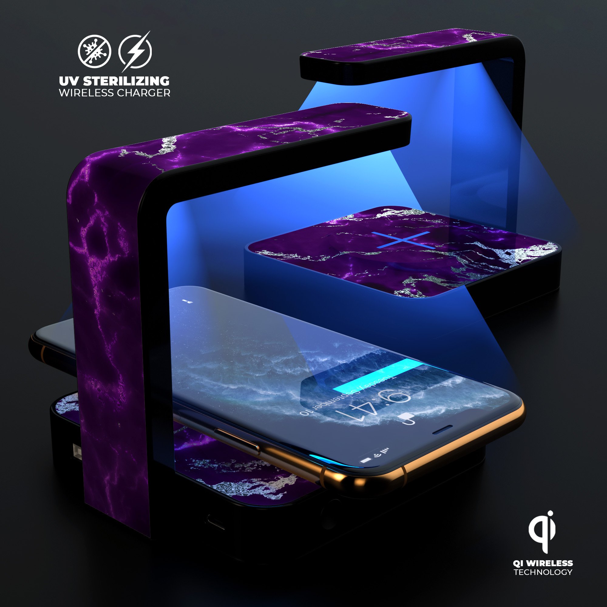Purple Marble & Digital Silver Foil V2 UV Germicidal Sanitizing Wireless Charger with decorative skin and USB cable.