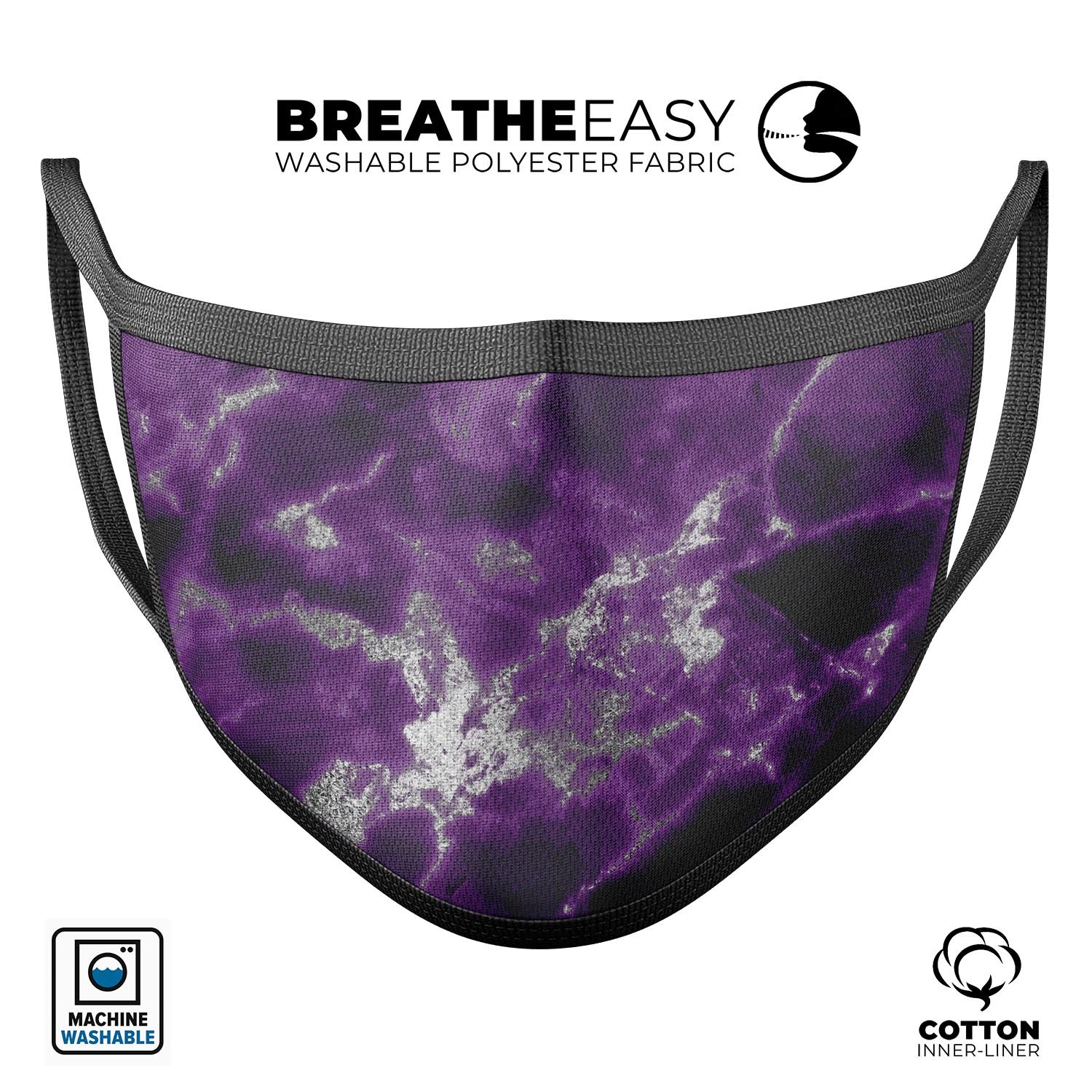 Purple Marble & Digital Silver Foil V5 mouth cover, featuring a stylish design and adjustable ear loops for a comfortable fit.