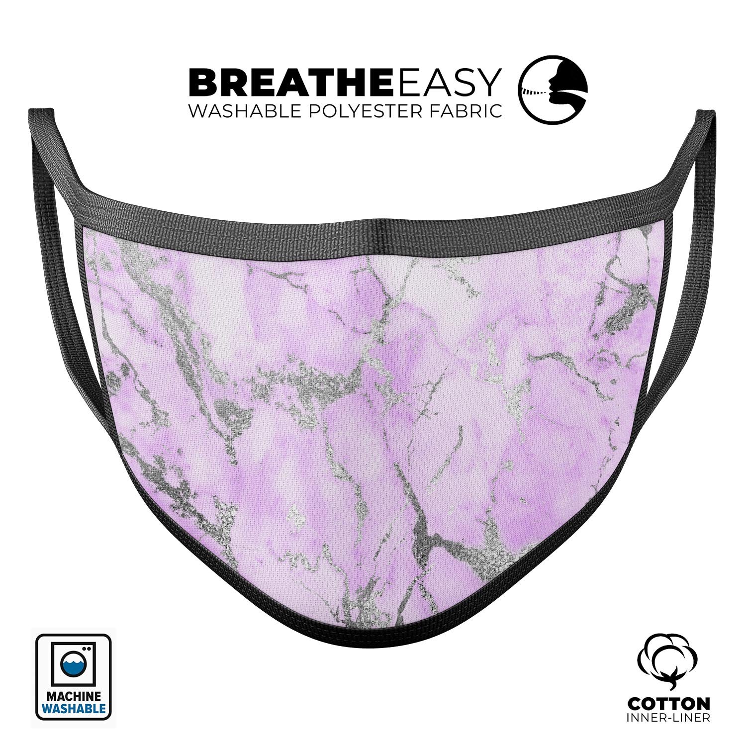 Purple Marble & Digital Silver Foil V8 mouth cover, showcasing a vibrant design with adjustable ear loops for a comfortable fit.