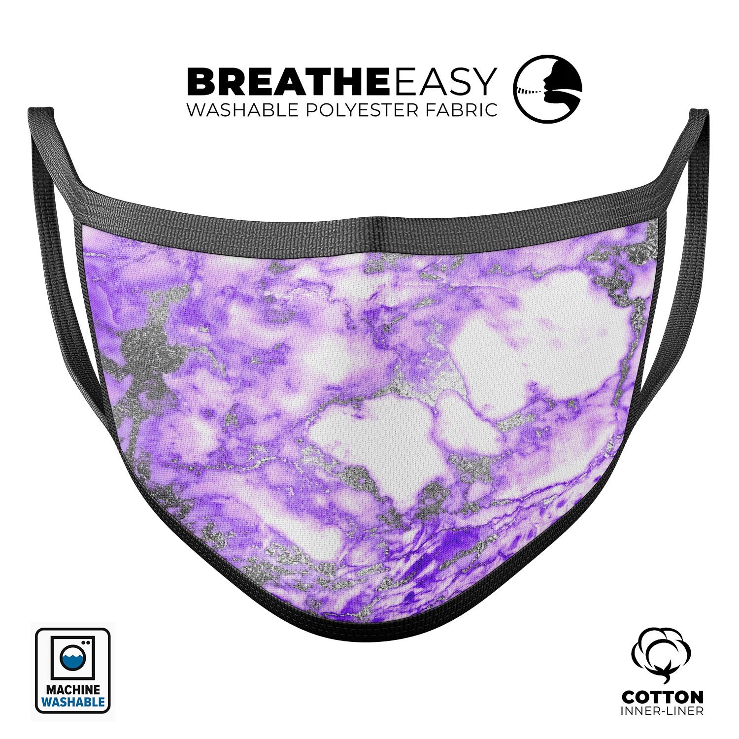 Purple Marble & Digital Silver Foil V9 mouth cover, featuring a stylish design and adjustable ear loops for a comfortable fit.