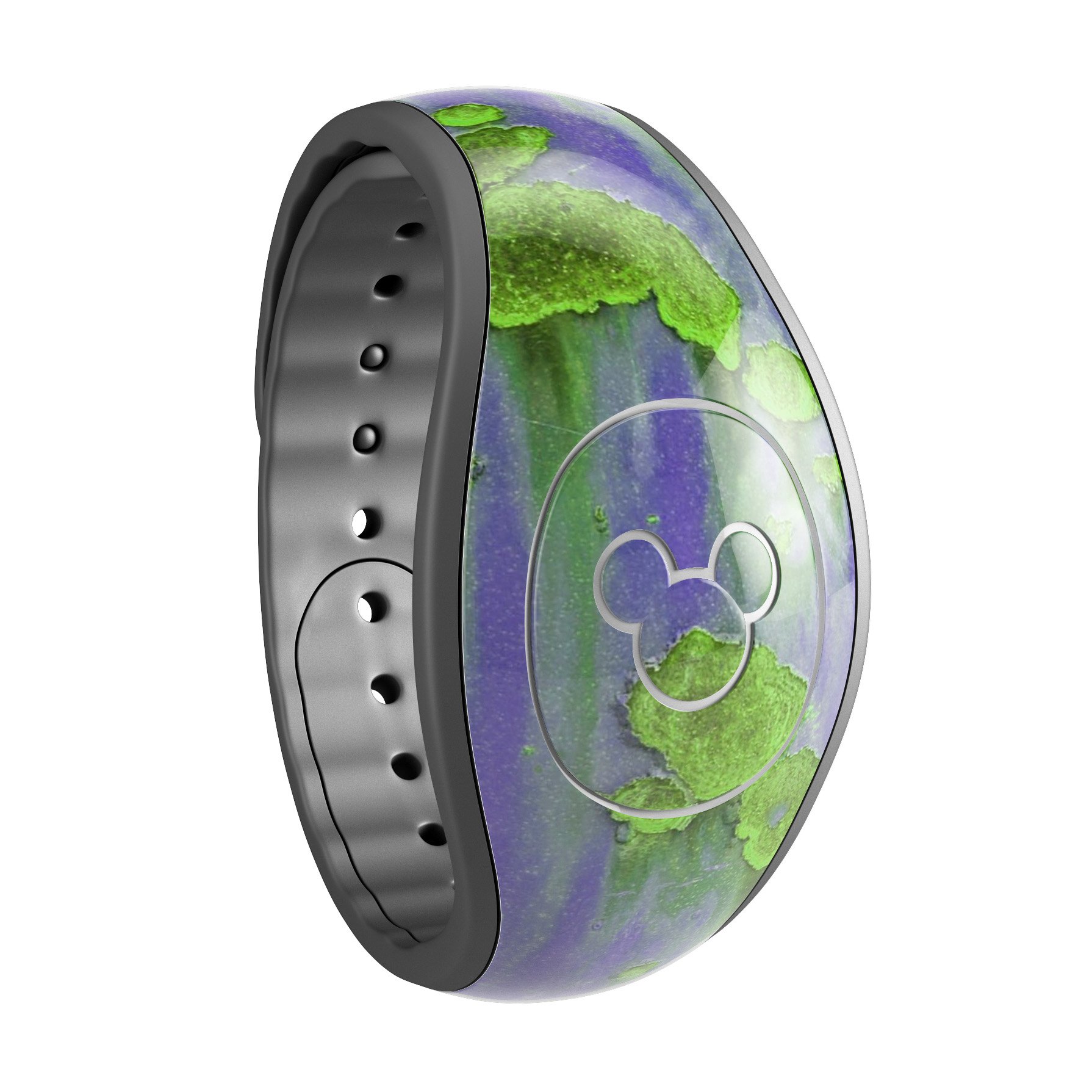 Purple metal decal skin wrap with lime green rust accents for Disney Magic Band, showcasing vibrant colors and high-quality finish.
