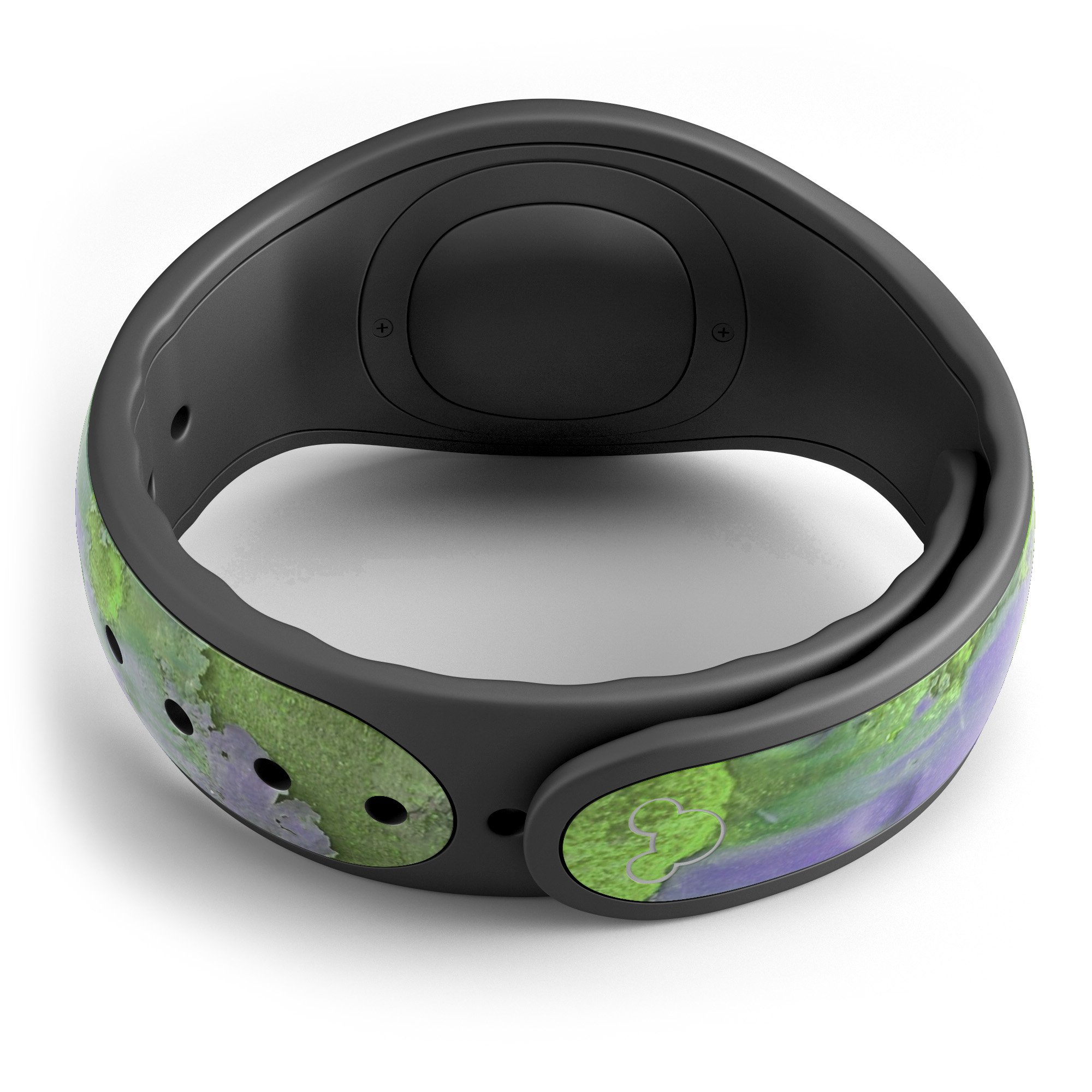 Purple metal decal skin wrap with lime green rust accents for Disney Magic Band, showcasing vibrant colors and high-quality finish.