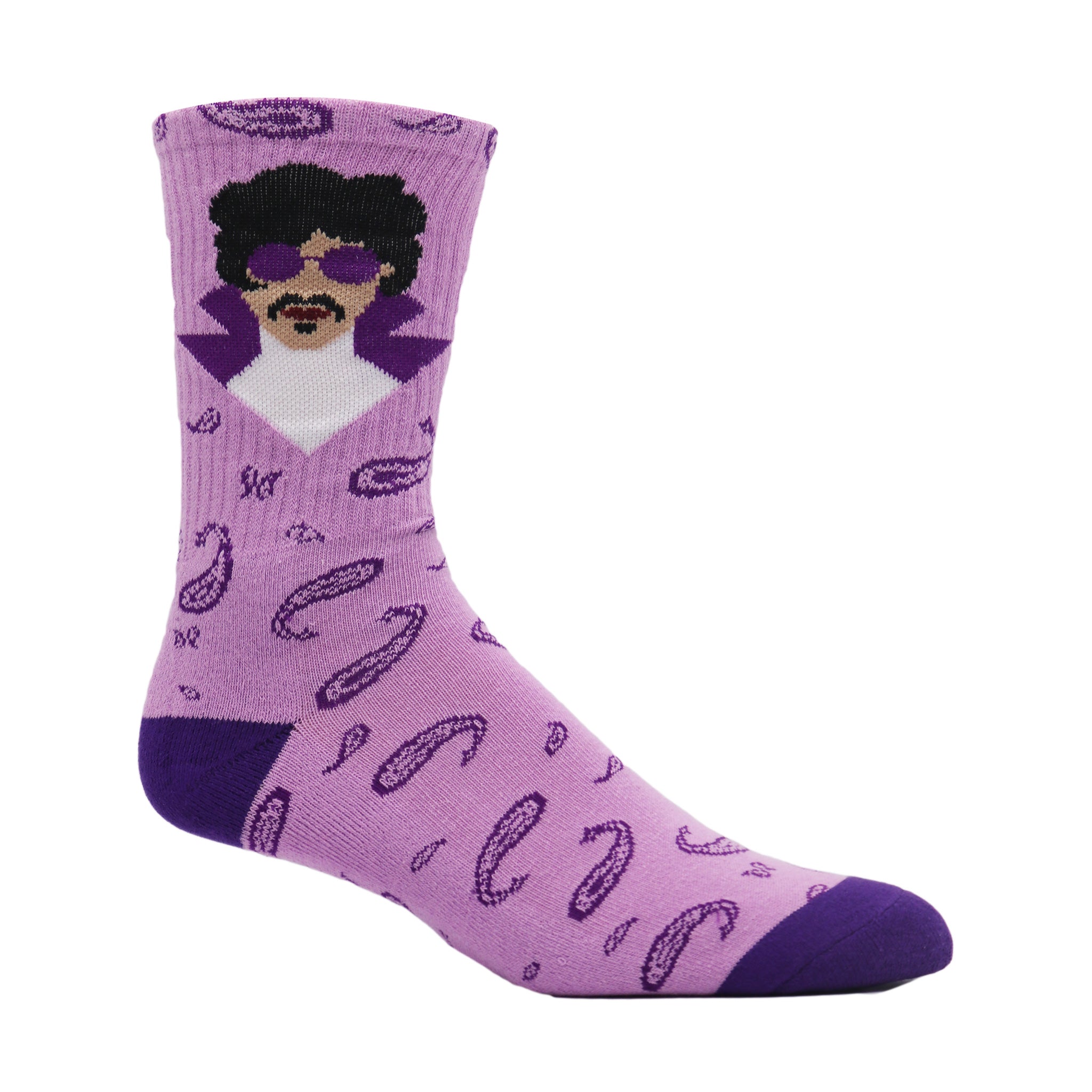 Purple Paisley POP Crew Socks featuring vibrant paisley design, perfect tribute to 80's artist.