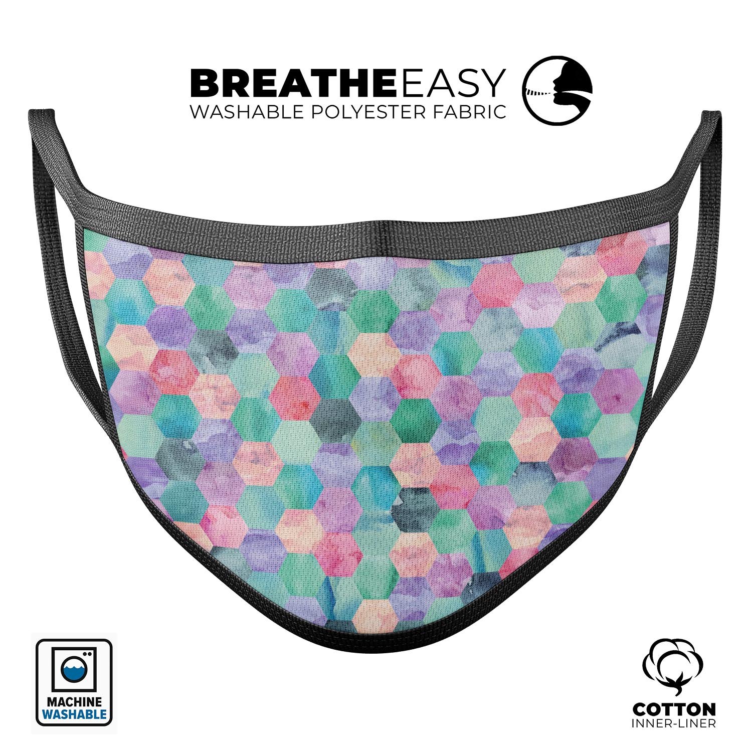 Purple Pink and Green Watercolor Hexagon Pattern face mask, showcasing vibrant colors and a comfortable design.