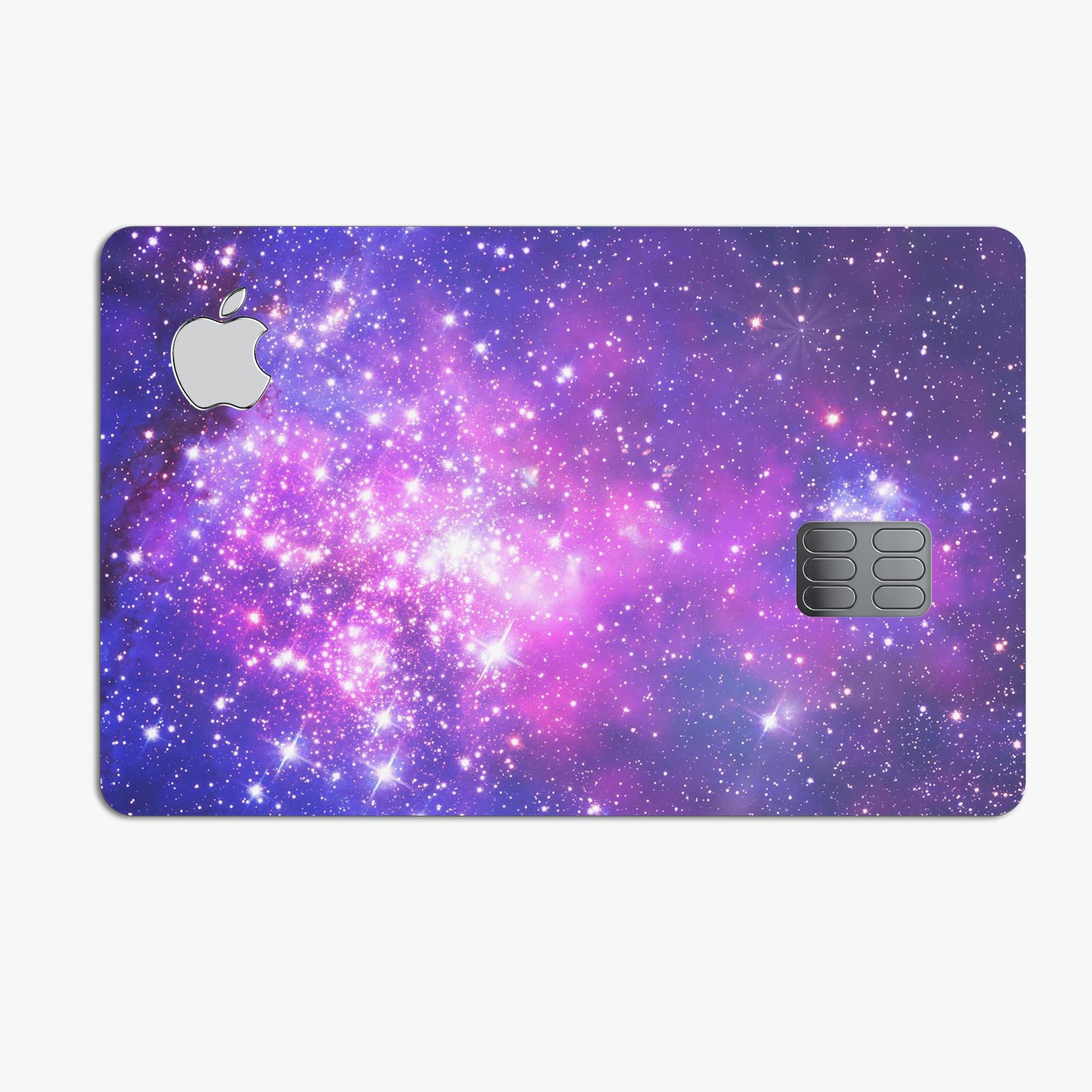 Purple and pink premium protective decal skin for Apple Card, showcasing vibrant colors and sleek design.