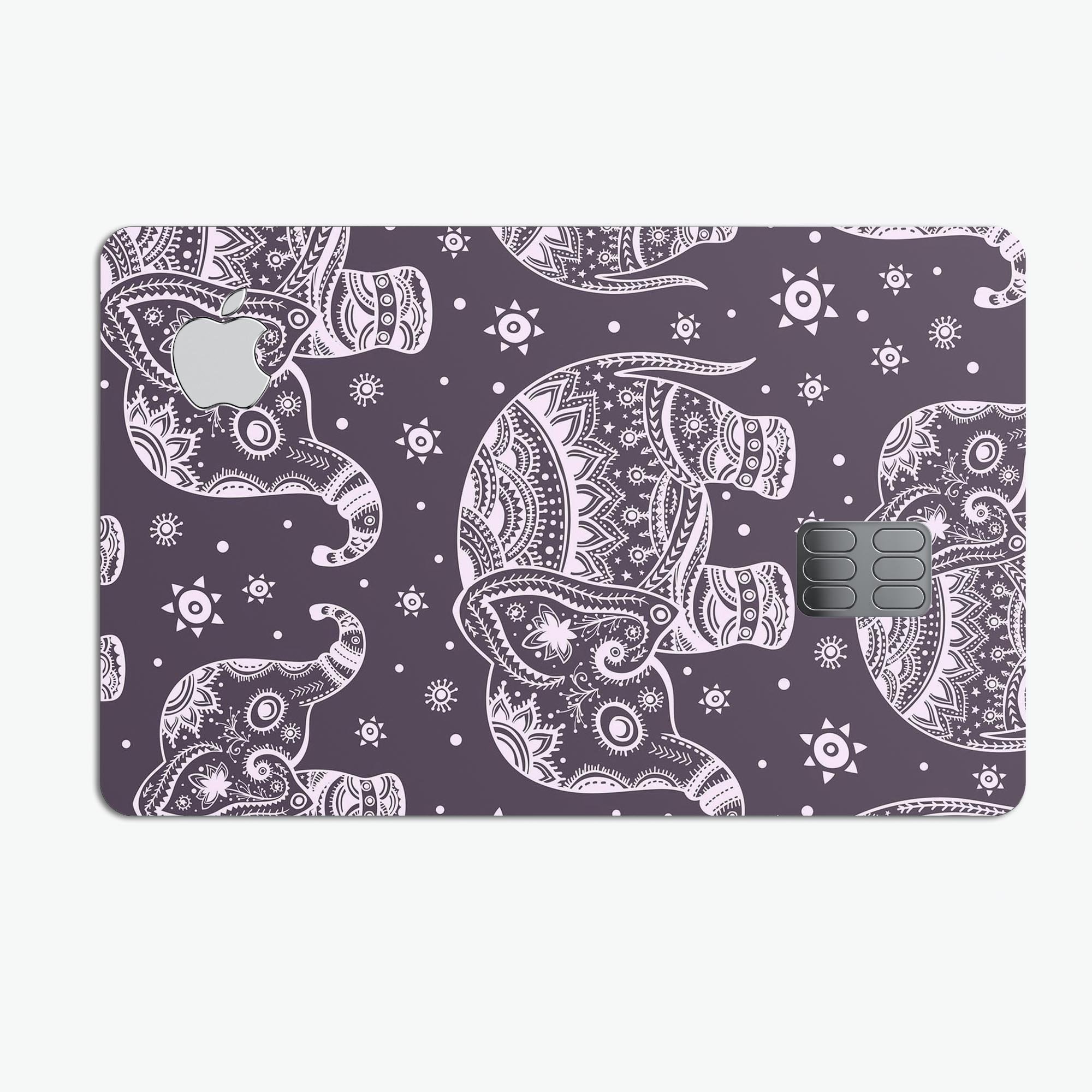 Purple Sacred Elephant Pattern decal skin for Apple Card, showcasing vibrant colors and intricate design.