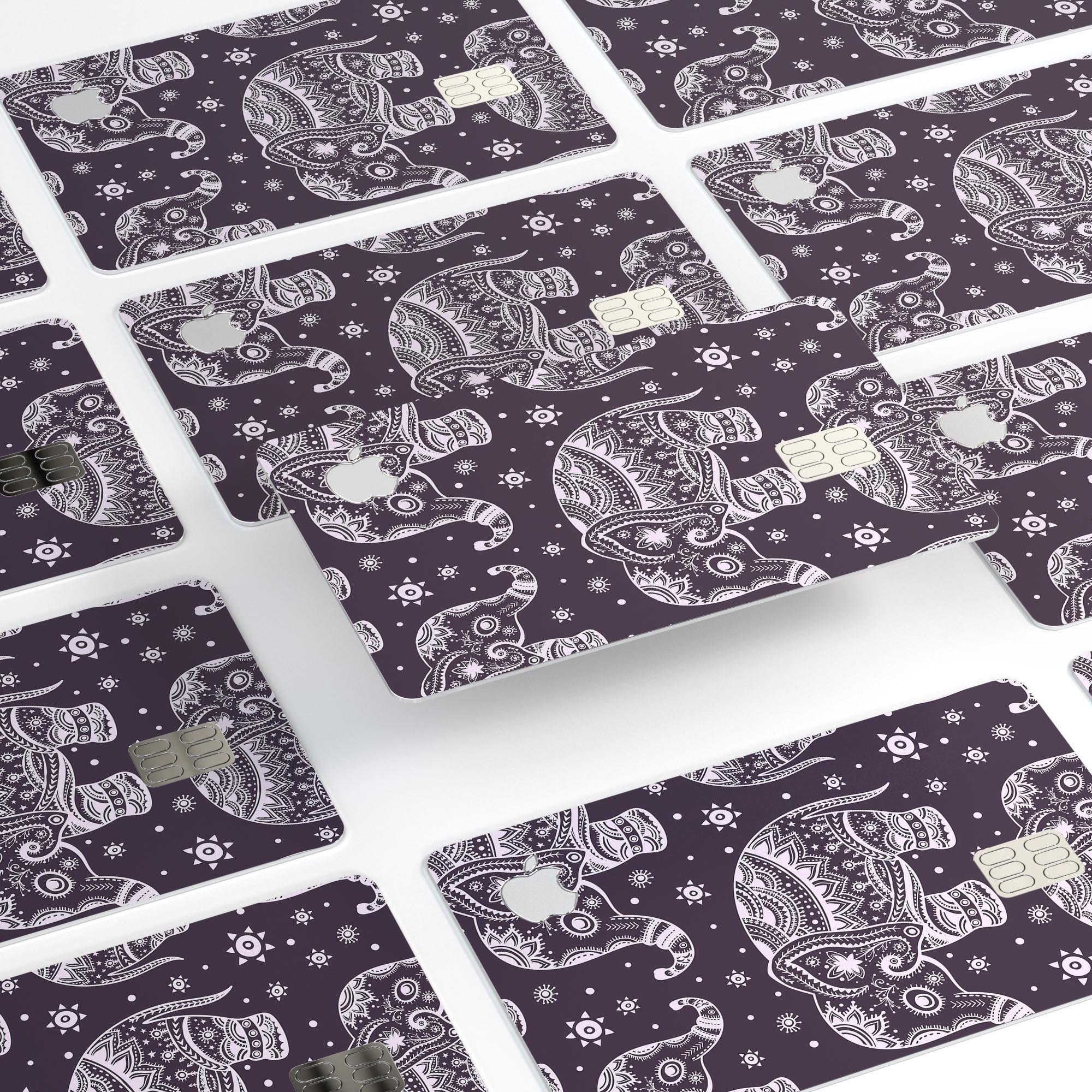 Purple Sacred Elephant Pattern decal skin for Apple Card, showcasing vibrant colors and intricate design.