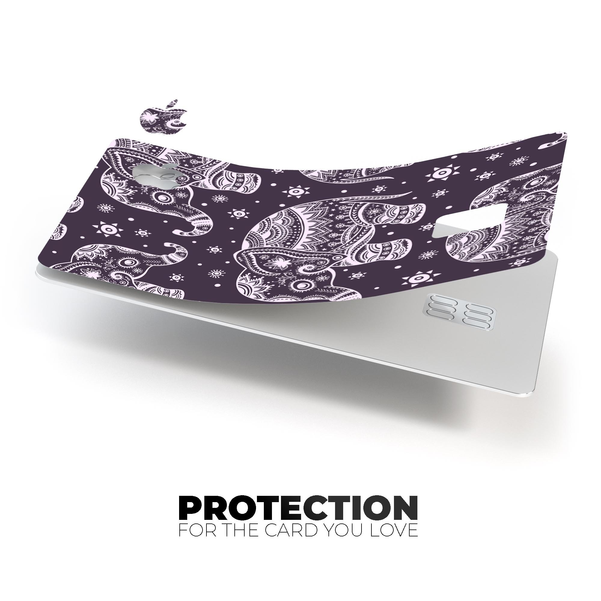Purple Sacred Elephant Pattern decal skin for Apple Card, showcasing vibrant colors and intricate design.
