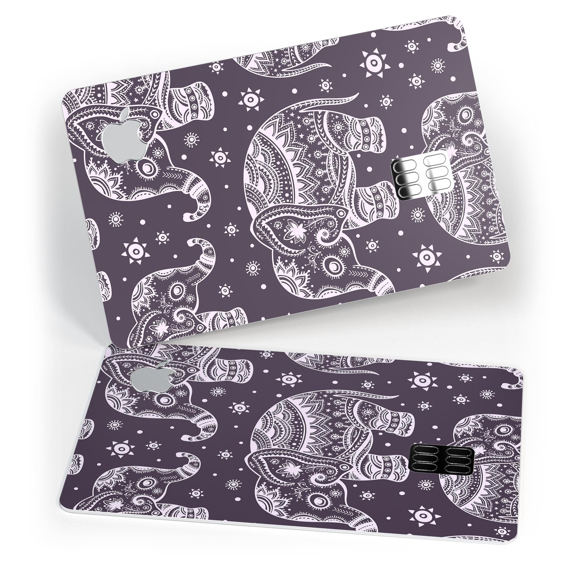 Purple Sacred Elephant Pattern decal skin for Apple Card, showcasing vibrant colors and intricate design.