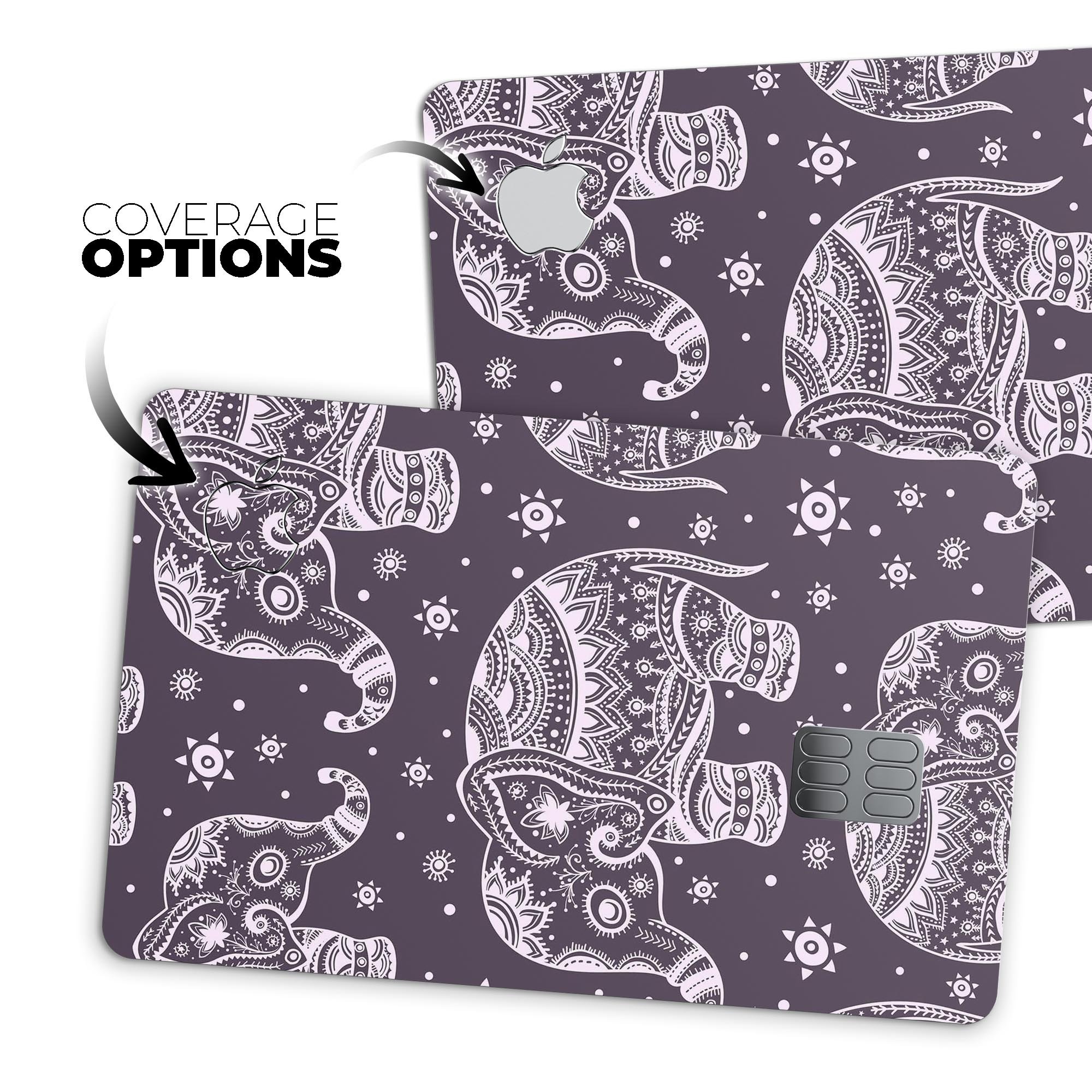 Purple Sacred Elephant Pattern decal skin for Apple Card, showcasing vibrant colors and intricate design.