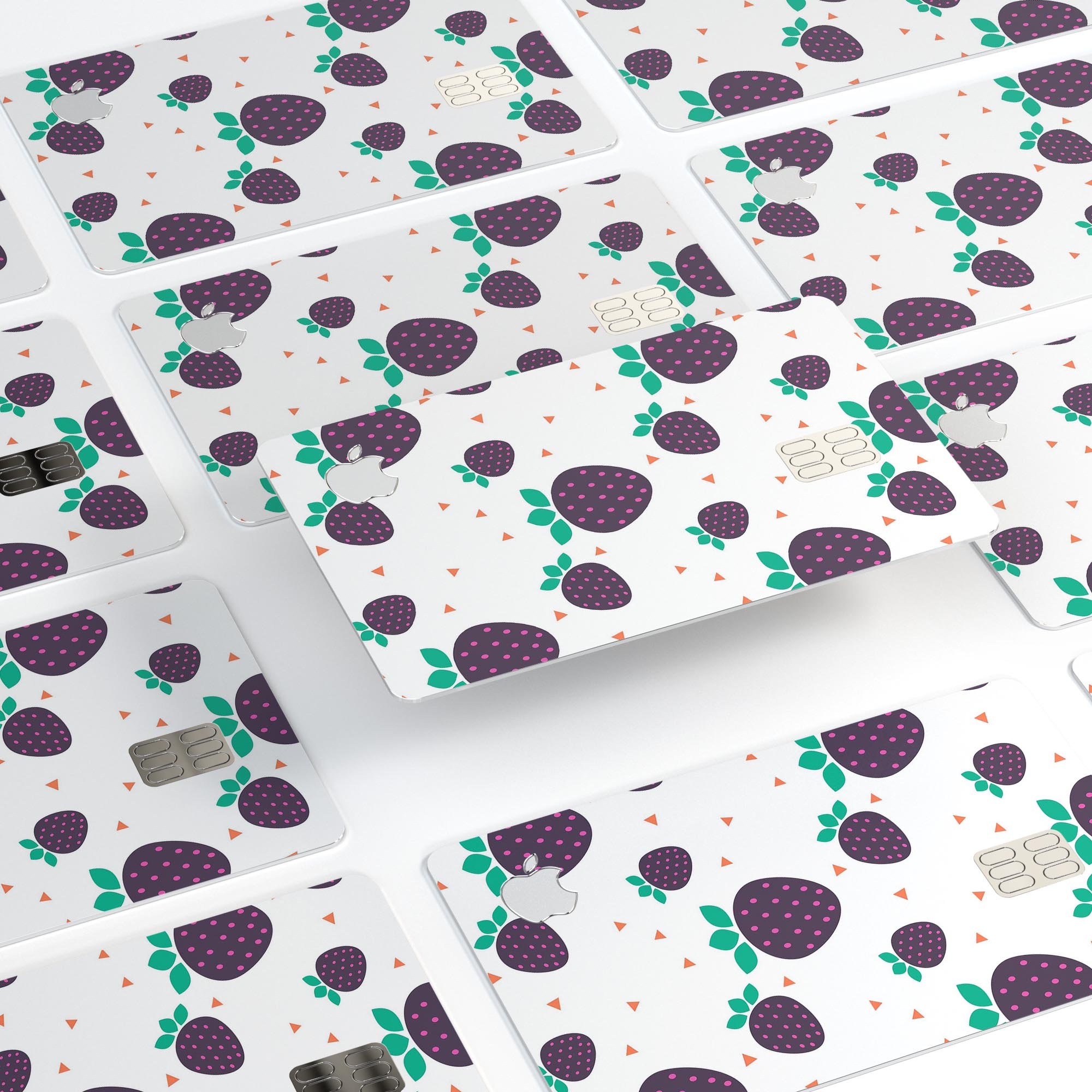 Purple Strawberries pattern protective decal for Apple Card, showcasing vibrant colors and a stylish design.