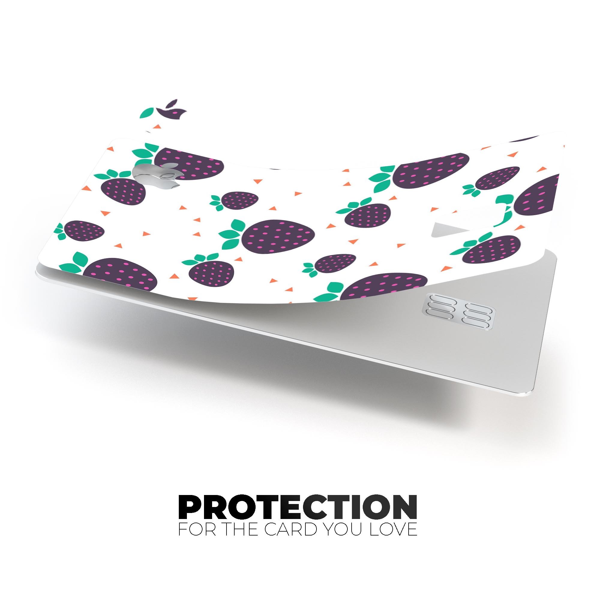 Purple Strawberries pattern protective decal for Apple Card, showcasing vibrant colors and a stylish design.