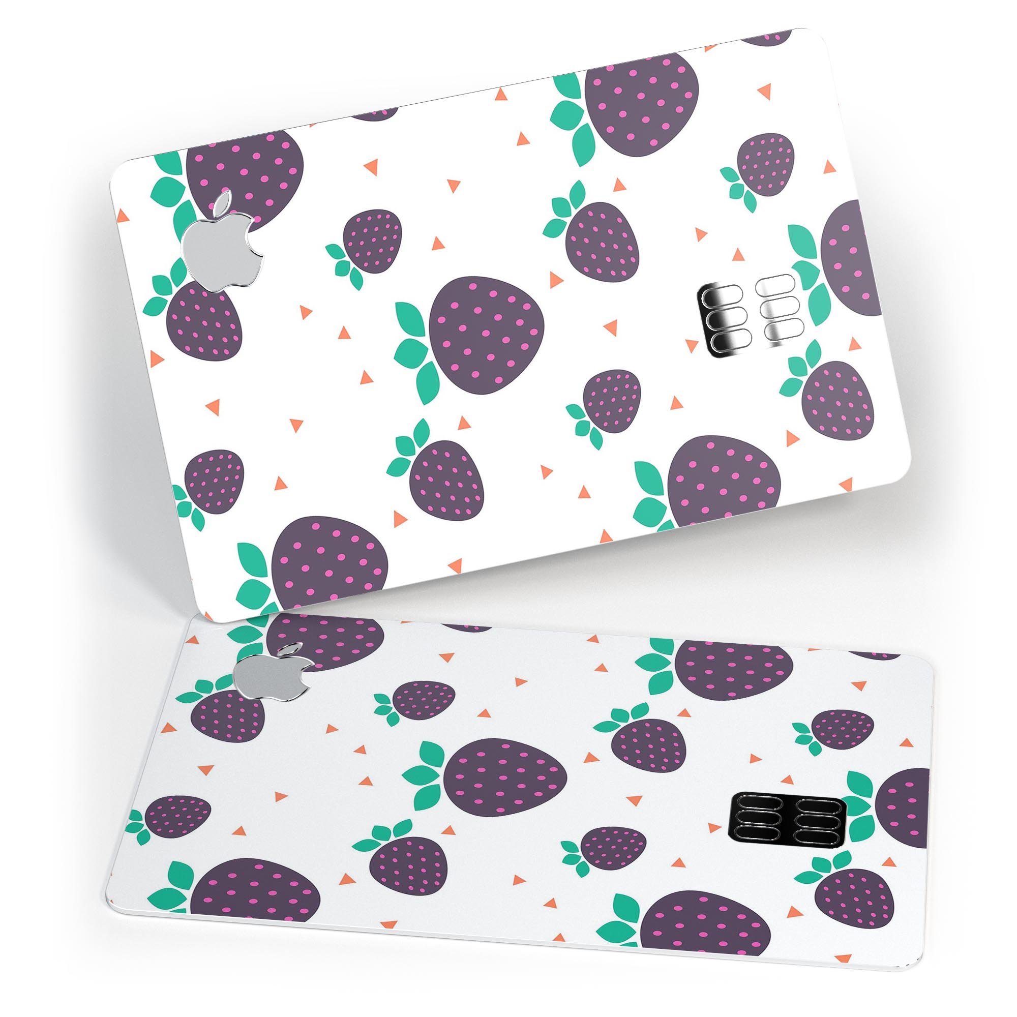 Purple Strawberries pattern protective decal for Apple Card, showcasing vibrant colors and a stylish design.