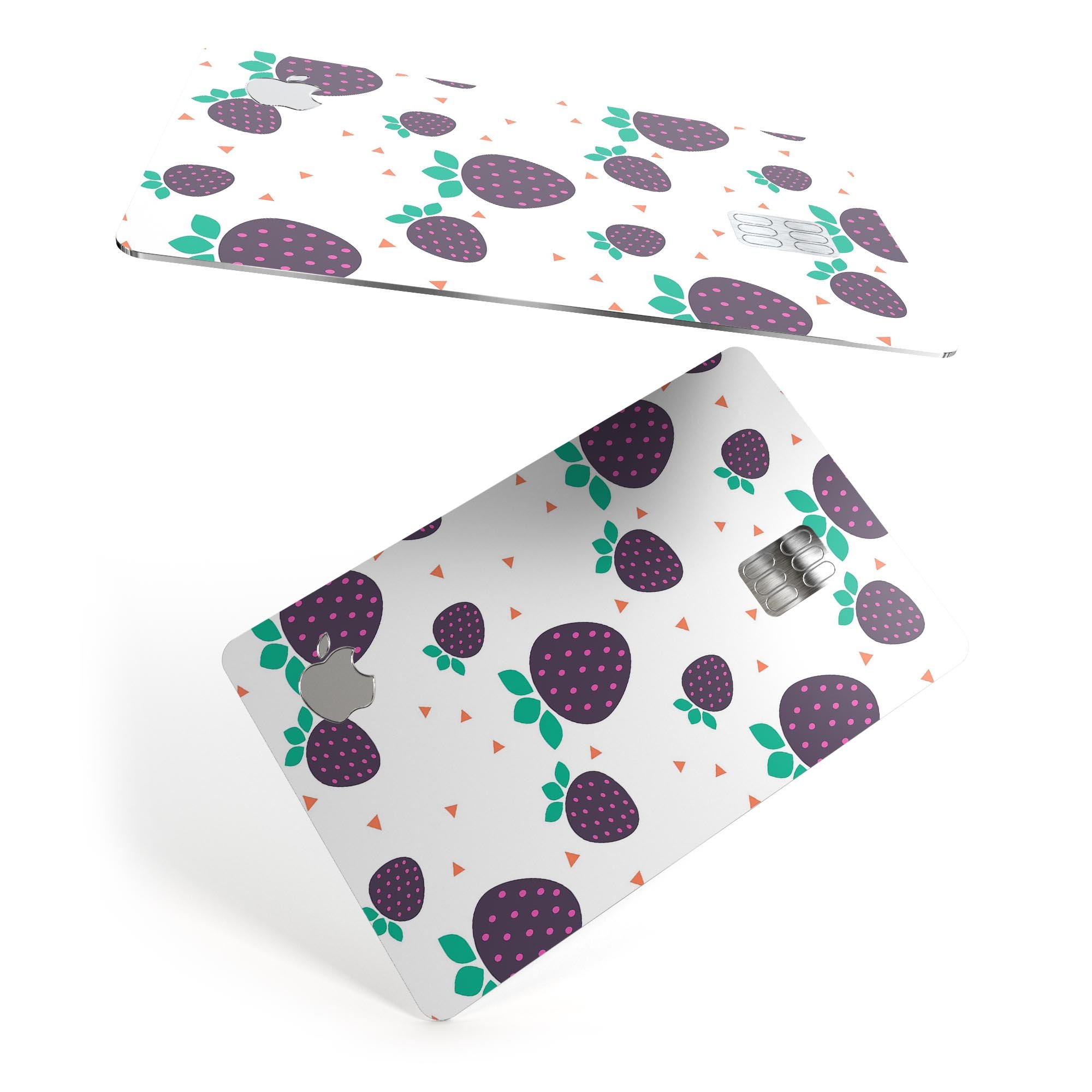 Purple Strawberries pattern protective decal for Apple Card, showcasing vibrant colors and a stylish design.