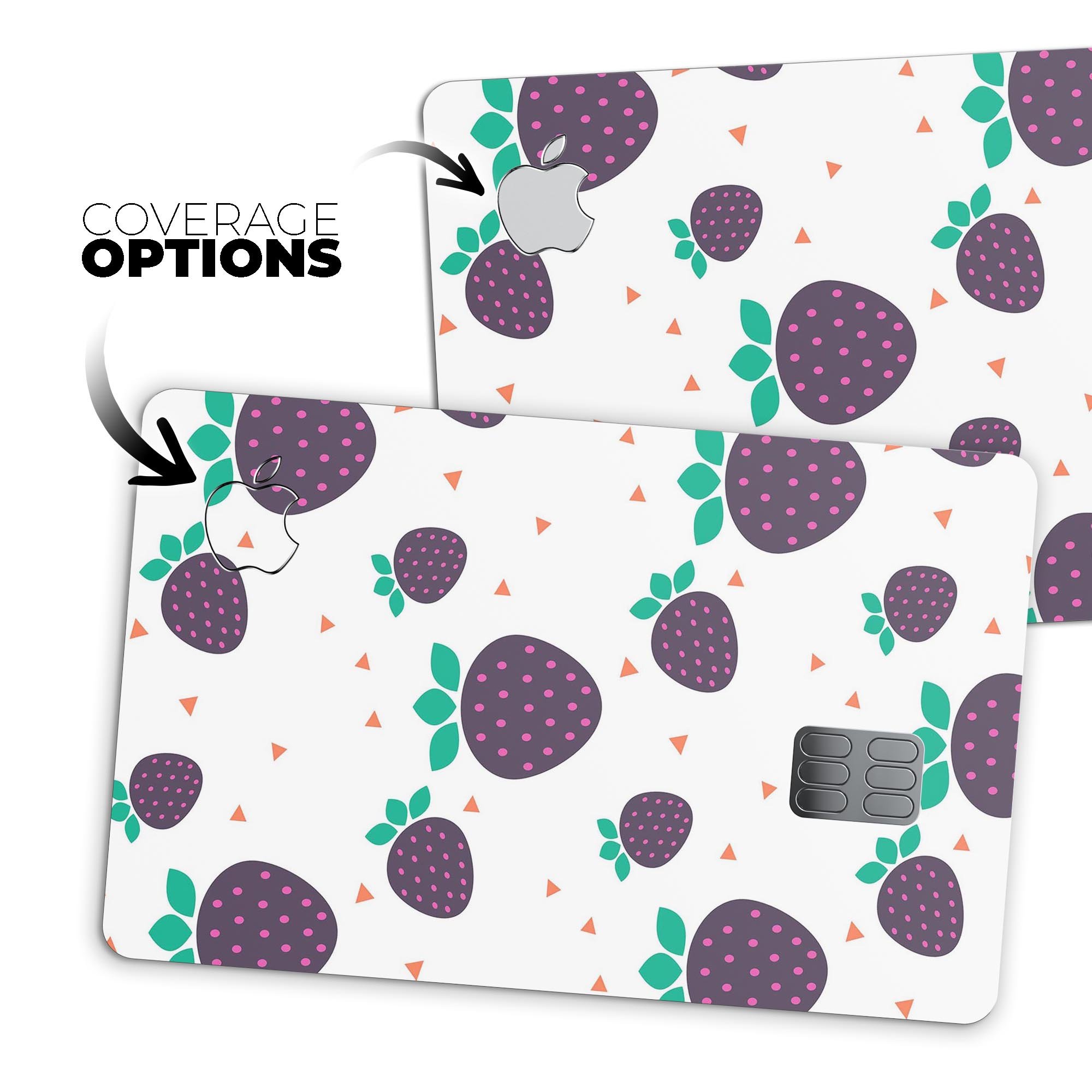 Purple Strawberries pattern protective decal for Apple Card, showcasing vibrant colors and a stylish design.