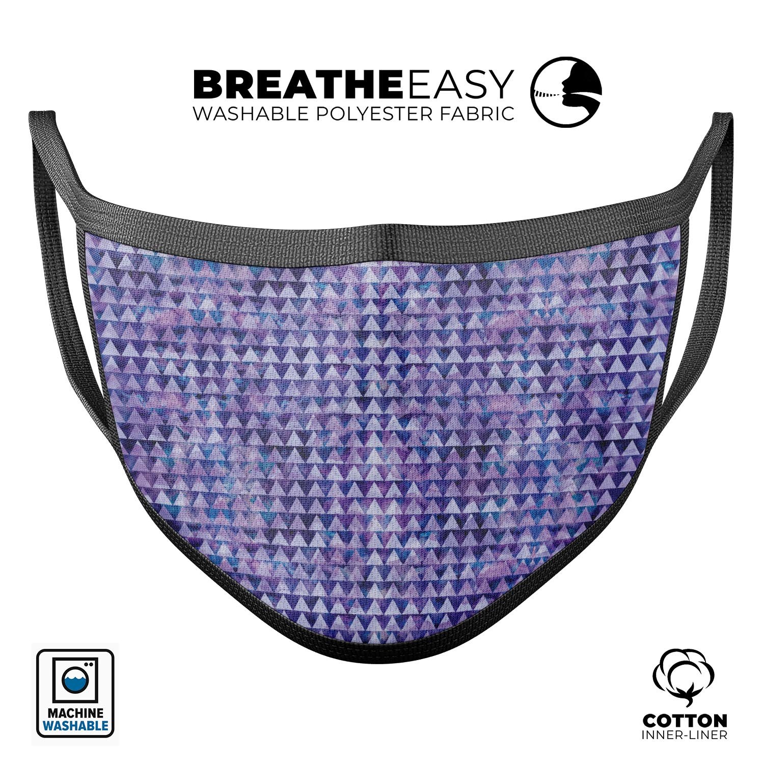 Purple textured triangle pattern reusable mouth cover, made in the USA, featuring adjustable ear loops and soft cotton interior.
