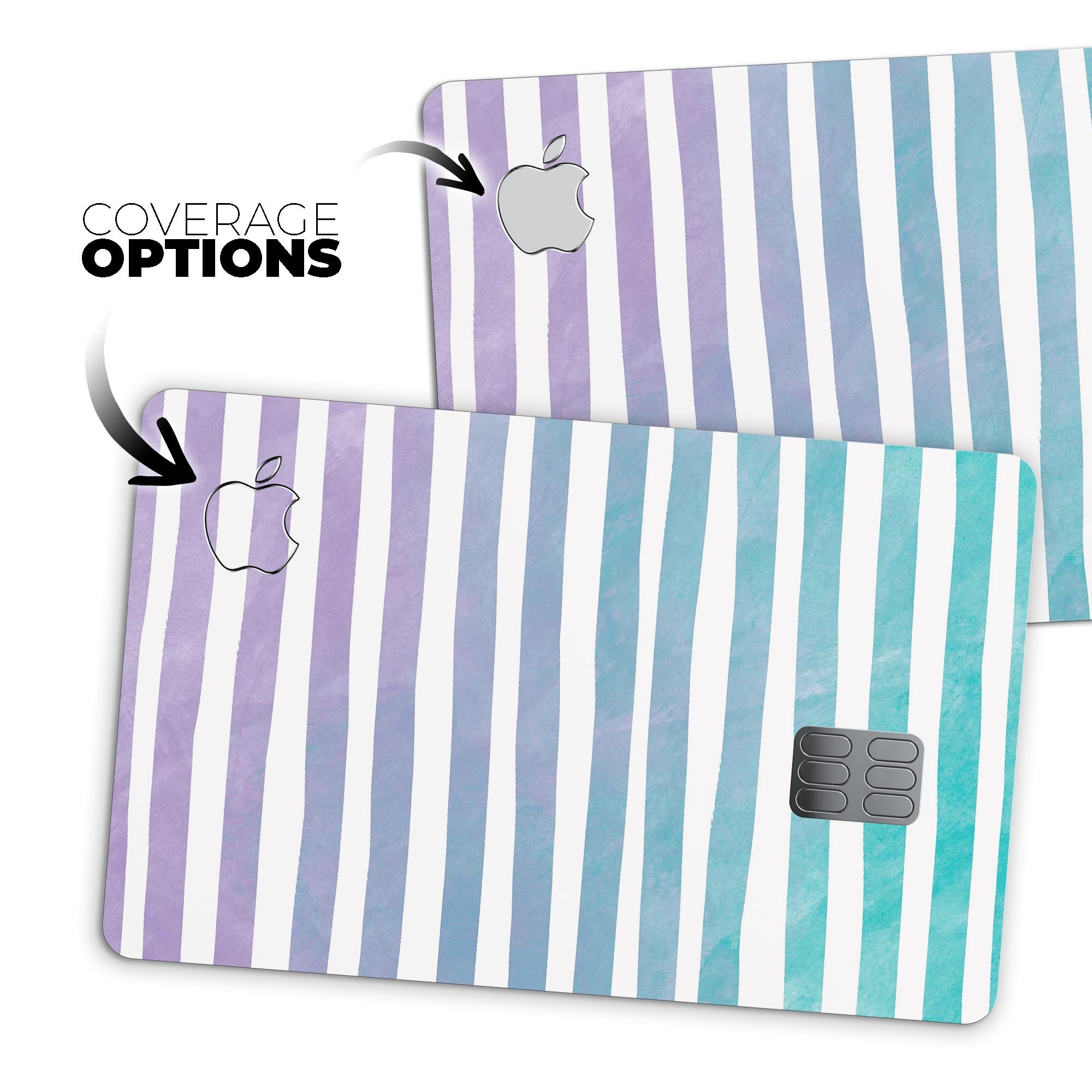 Purple to Green WaterColor Ombre Stripes decal for Apple Card, showcasing vibrant colors and a sleek design.