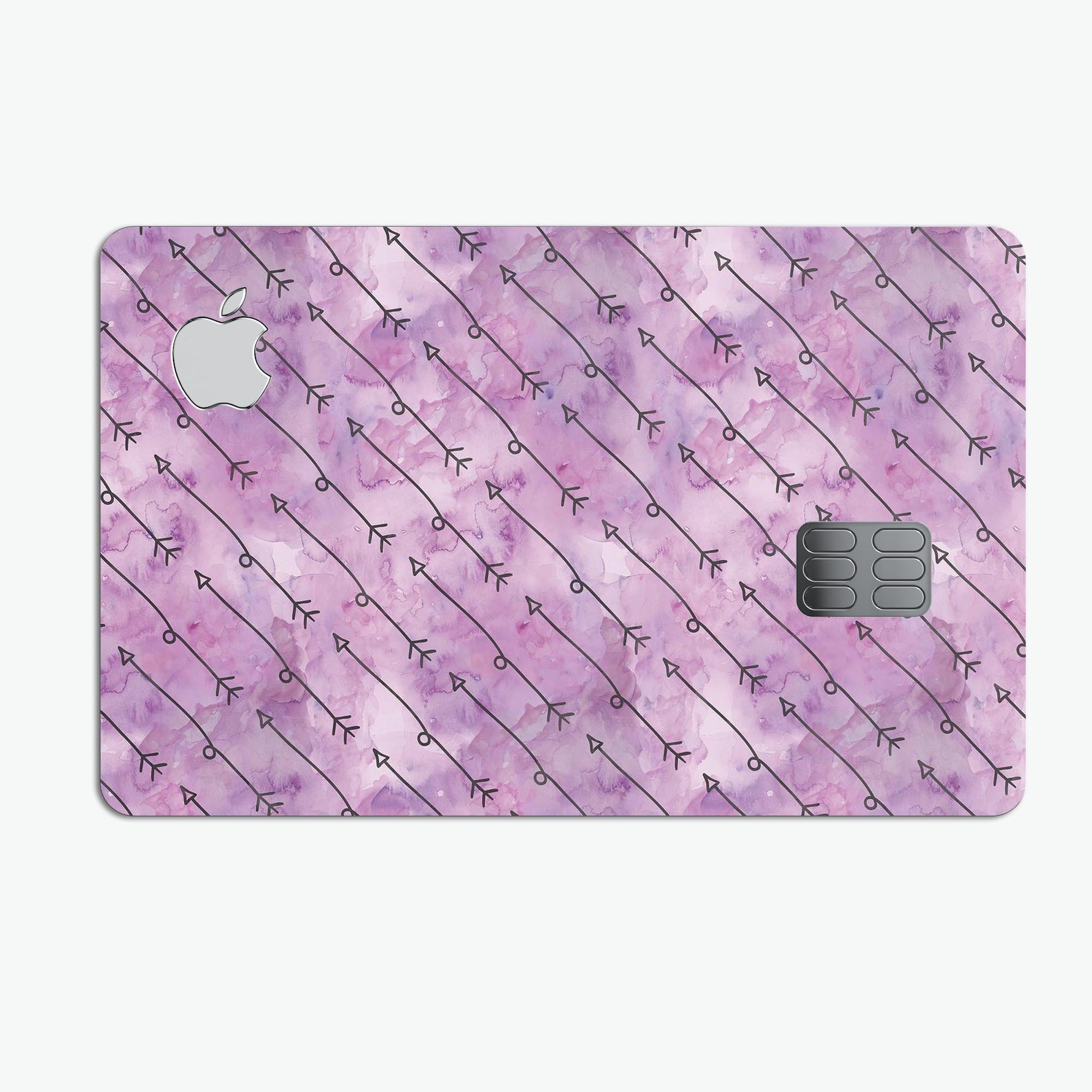 Purple Tribal Arrow Pattern decal skin for Apple Card, showcasing vibrant tribal design and premium vinyl material.