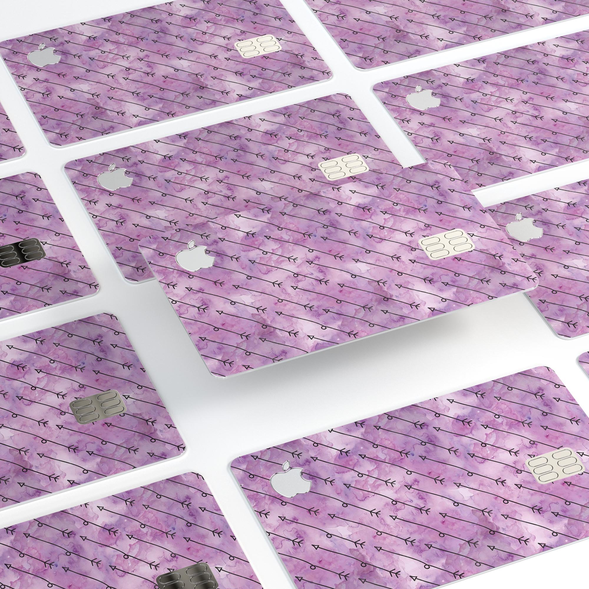 Purple Tribal Arrow Pattern decal skin for Apple Card, showcasing vibrant tribal design and premium vinyl material.