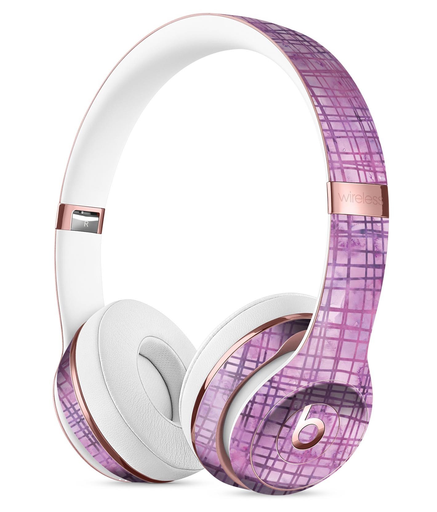 Purple Watercolor Cross Hatch Skin Kit for Beats by Dre Solo 3 Wireless Headphones, showcasing vibrant colors and precise cutouts.