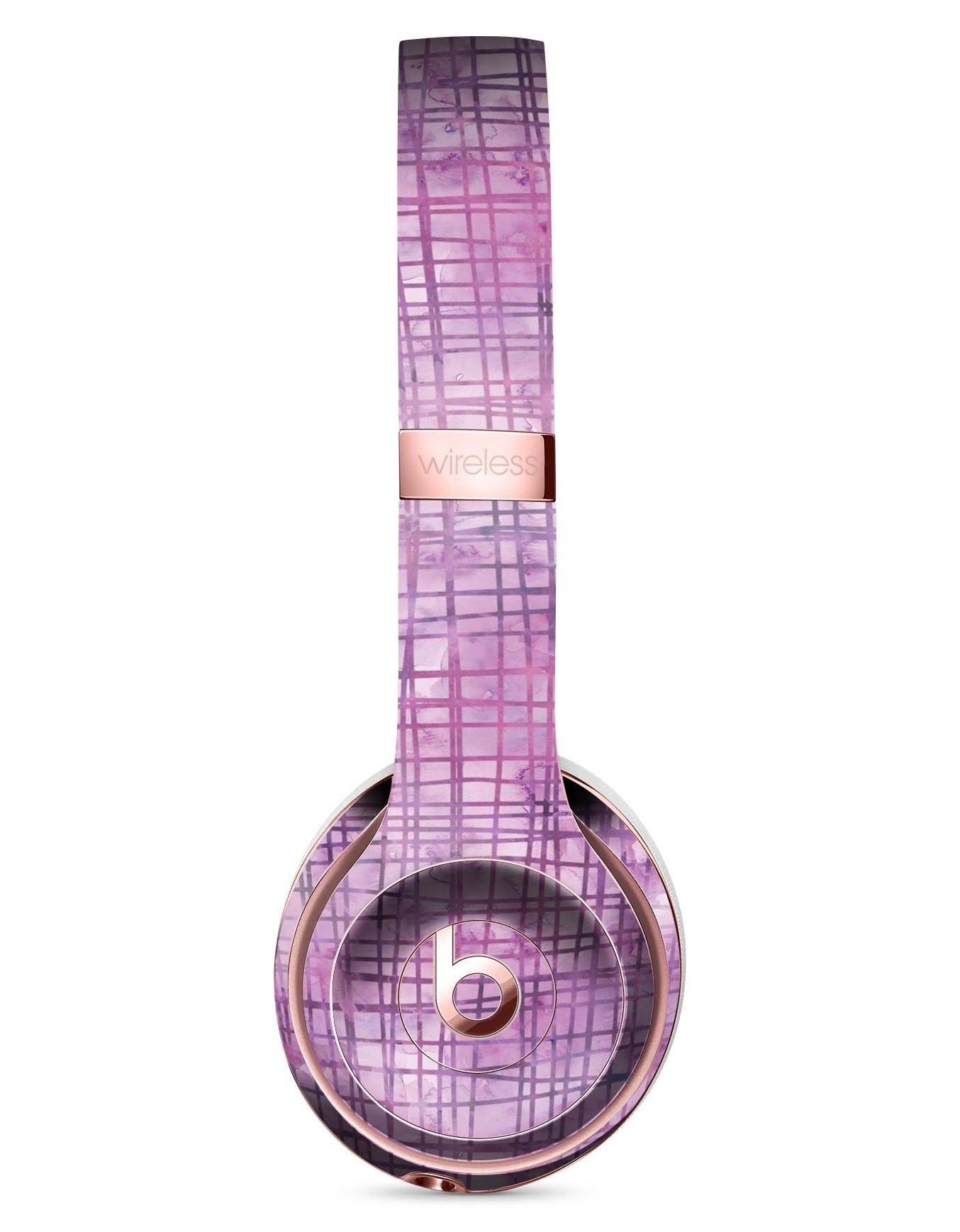 Purple Watercolor Cross Hatch Skin Kit for Beats by Dre Solo 3 Wireless Headphones, showcasing vibrant colors and precise cutouts.