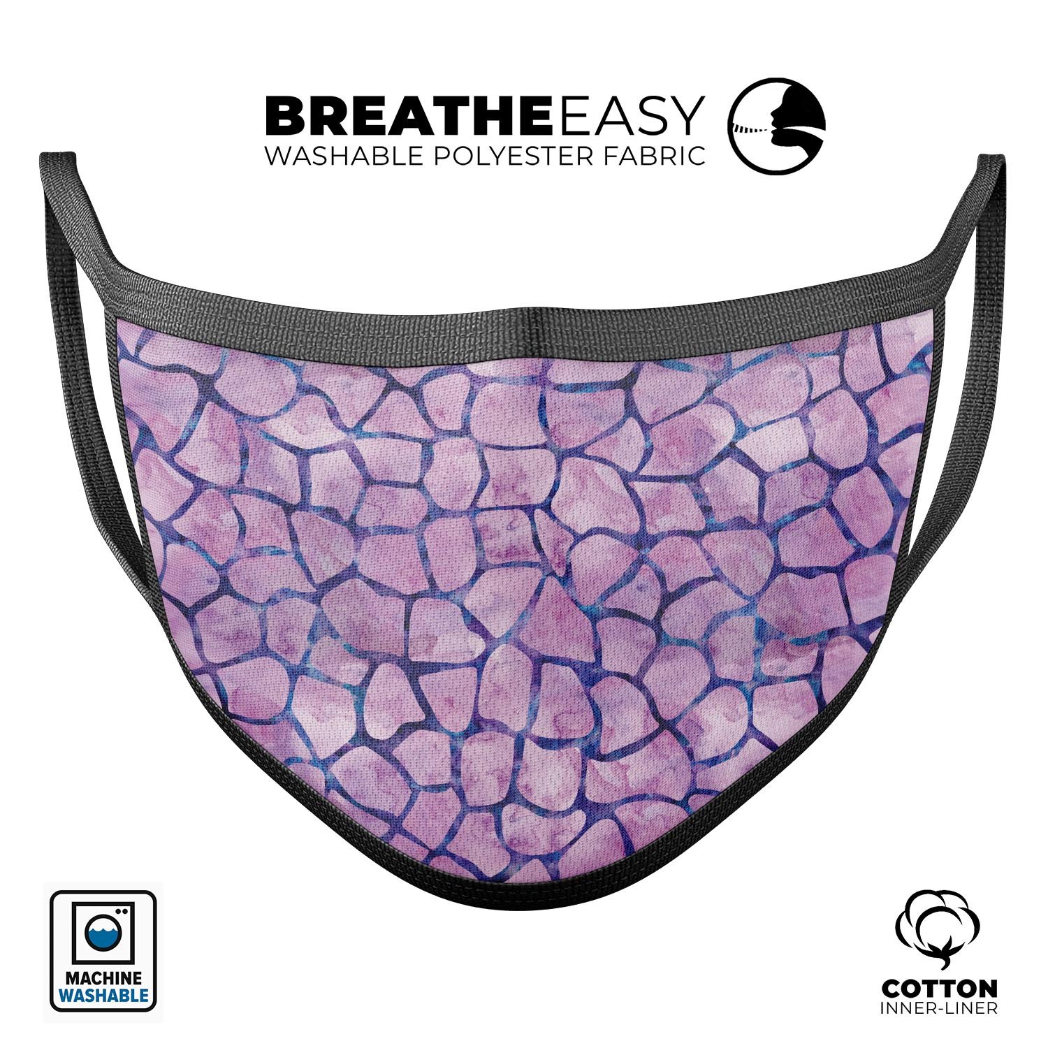 Purple watercolor giraffe pattern mouth cover, showcasing vibrant colors and adjustable ear loops for a comfortable fit.