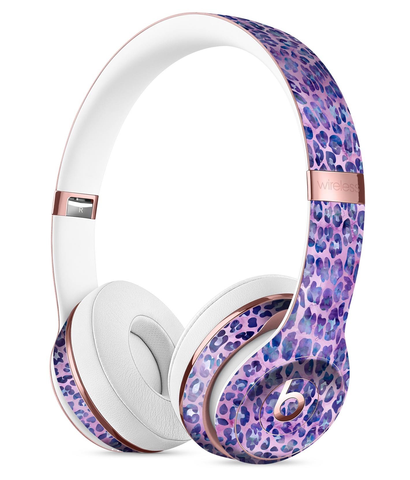 Purple Watercolor Leopard Pattern Skin Kit for Beats by Dre Solo 3 Wireless Headphones, showcasing vibrant colors and unique design.