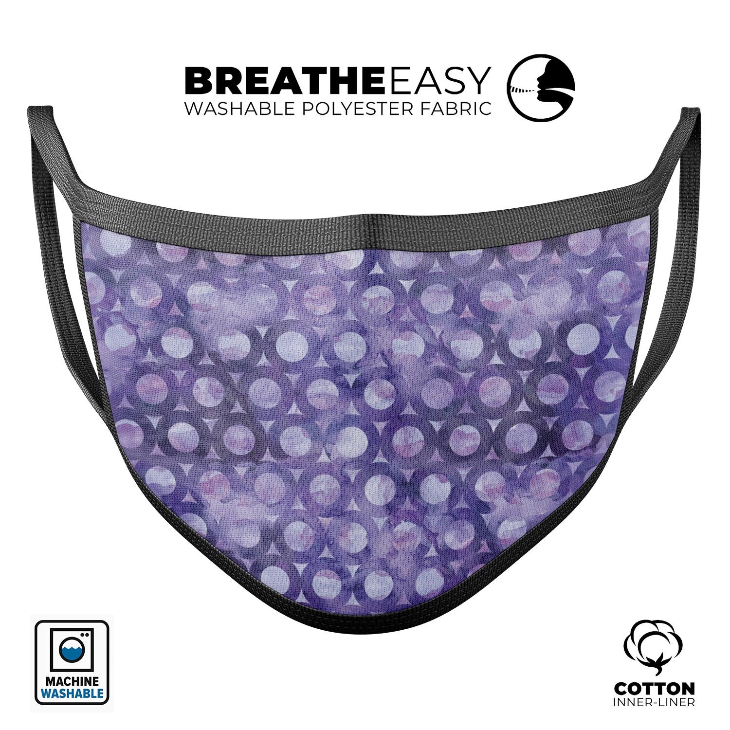 Purple watercolor ring pattern mouth cover, showcasing vibrant colors and adjustable ear loops for a comfortable fit.