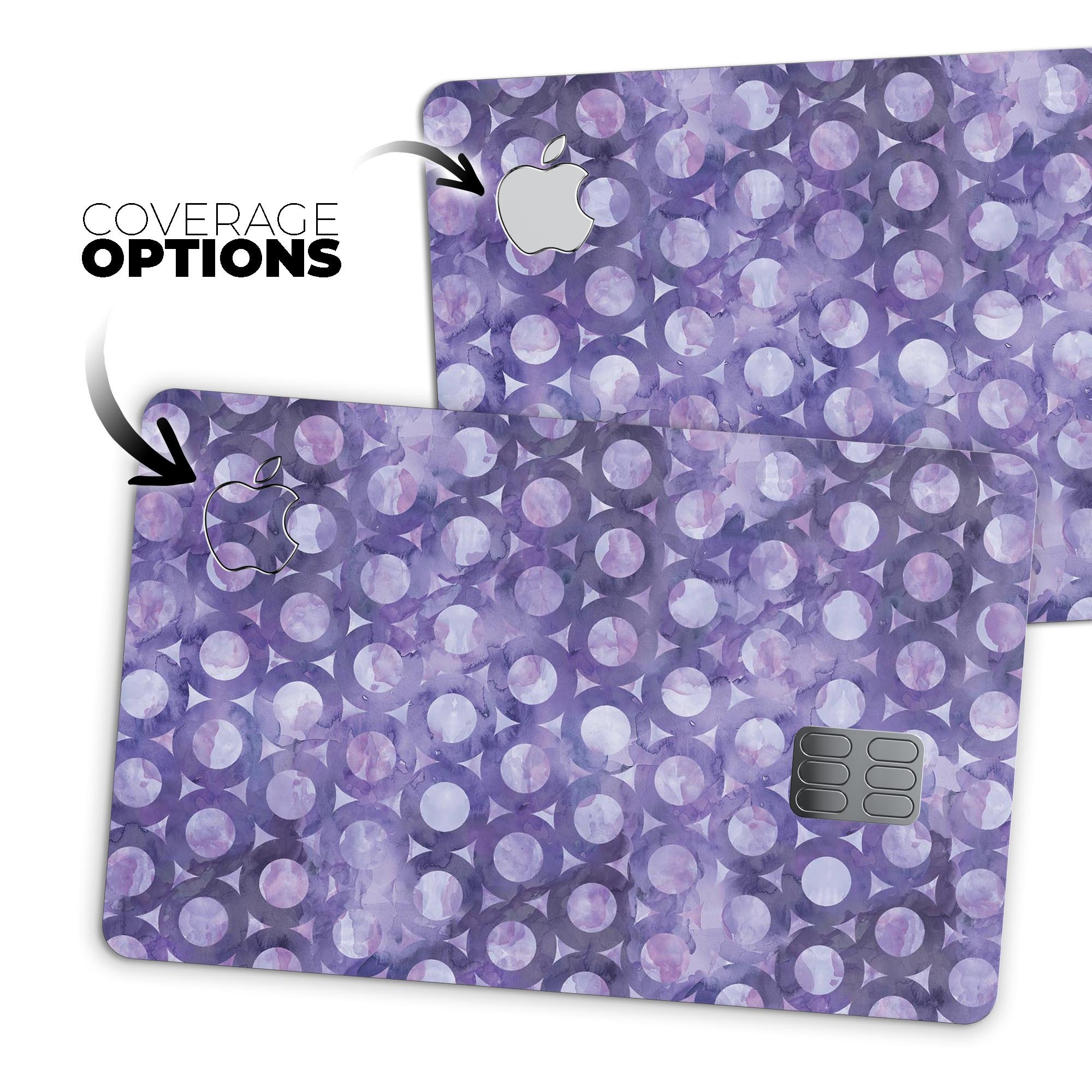 Purple Watercolor Ring Pattern decal skin for Apple Card, showcasing vibrant colors and a protective design.