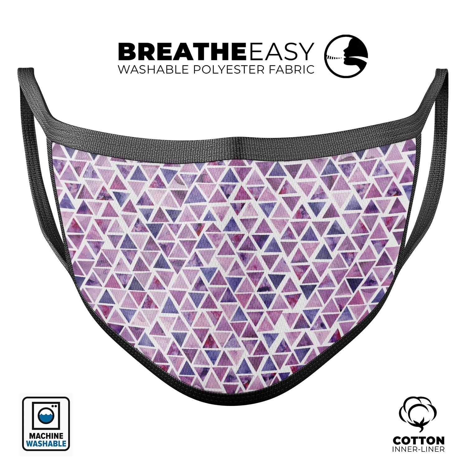 Purple watercolor triangle pattern mouth cover, showcasing vibrant colors and adjustable ear loops for a comfortable fit.