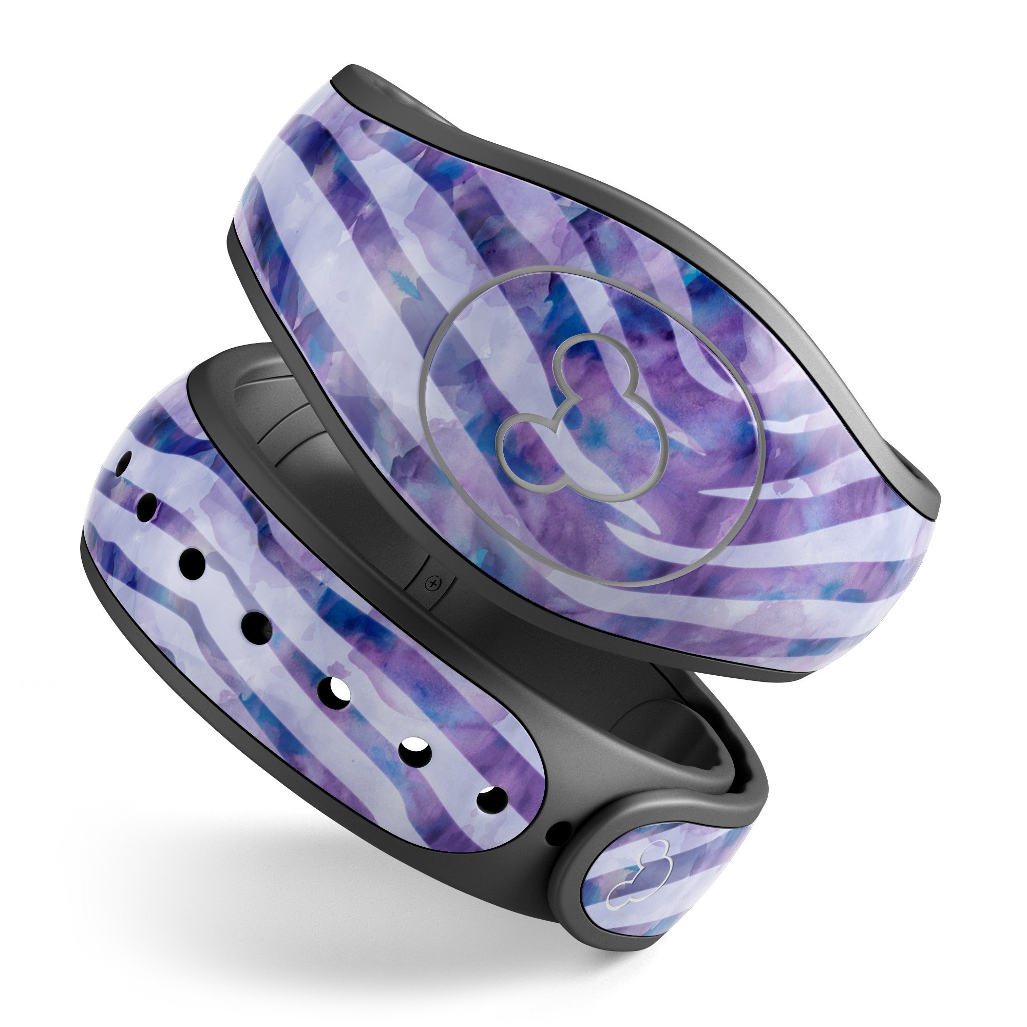 Purple Watercolor Zebra Pattern decal skin wrap kit designed for Disney Magic Band, showcasing vibrant colors and stylish design.