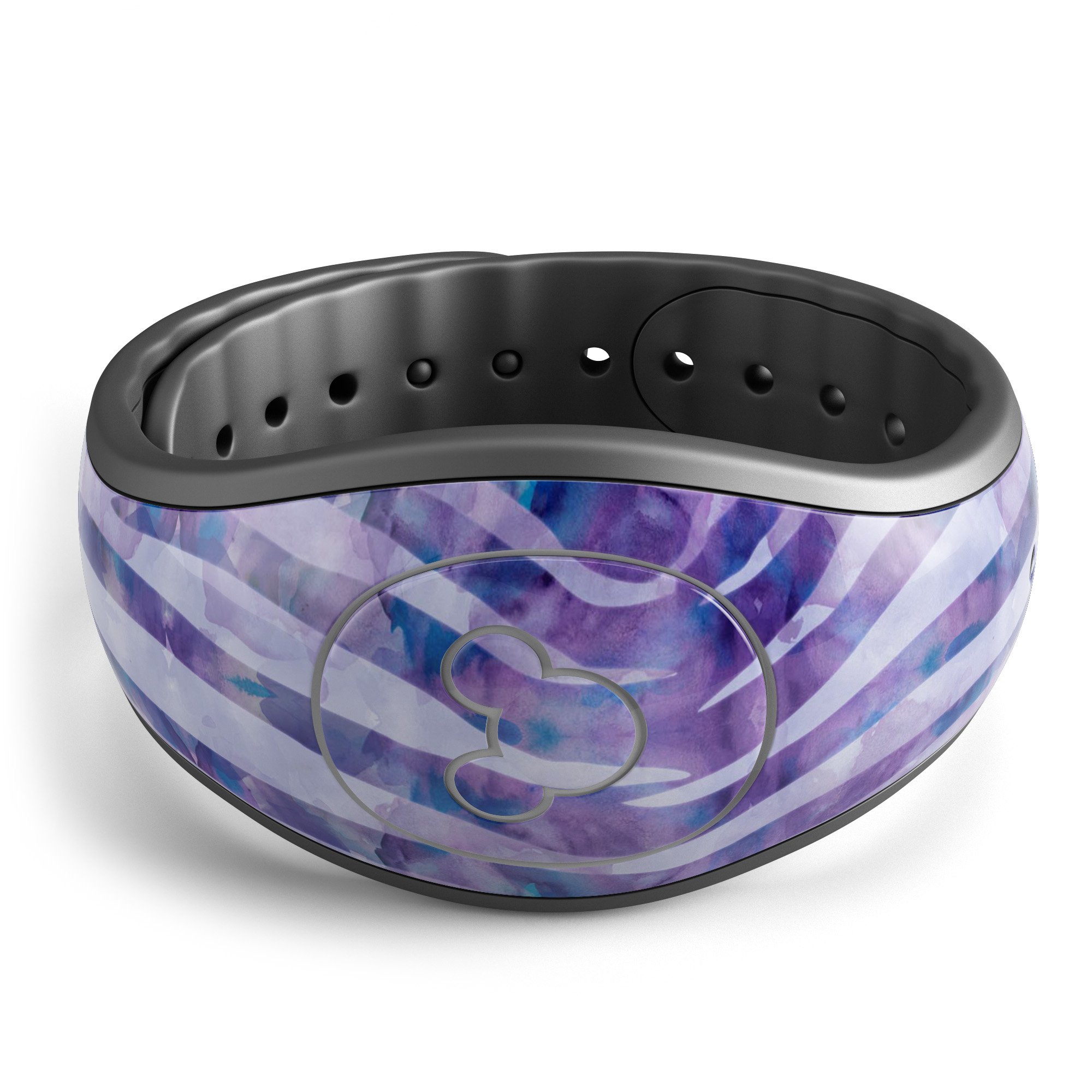 Purple Watercolor Zebra Pattern decal skin wrap kit designed for Disney Magic Band, showcasing vibrant colors and stylish design.