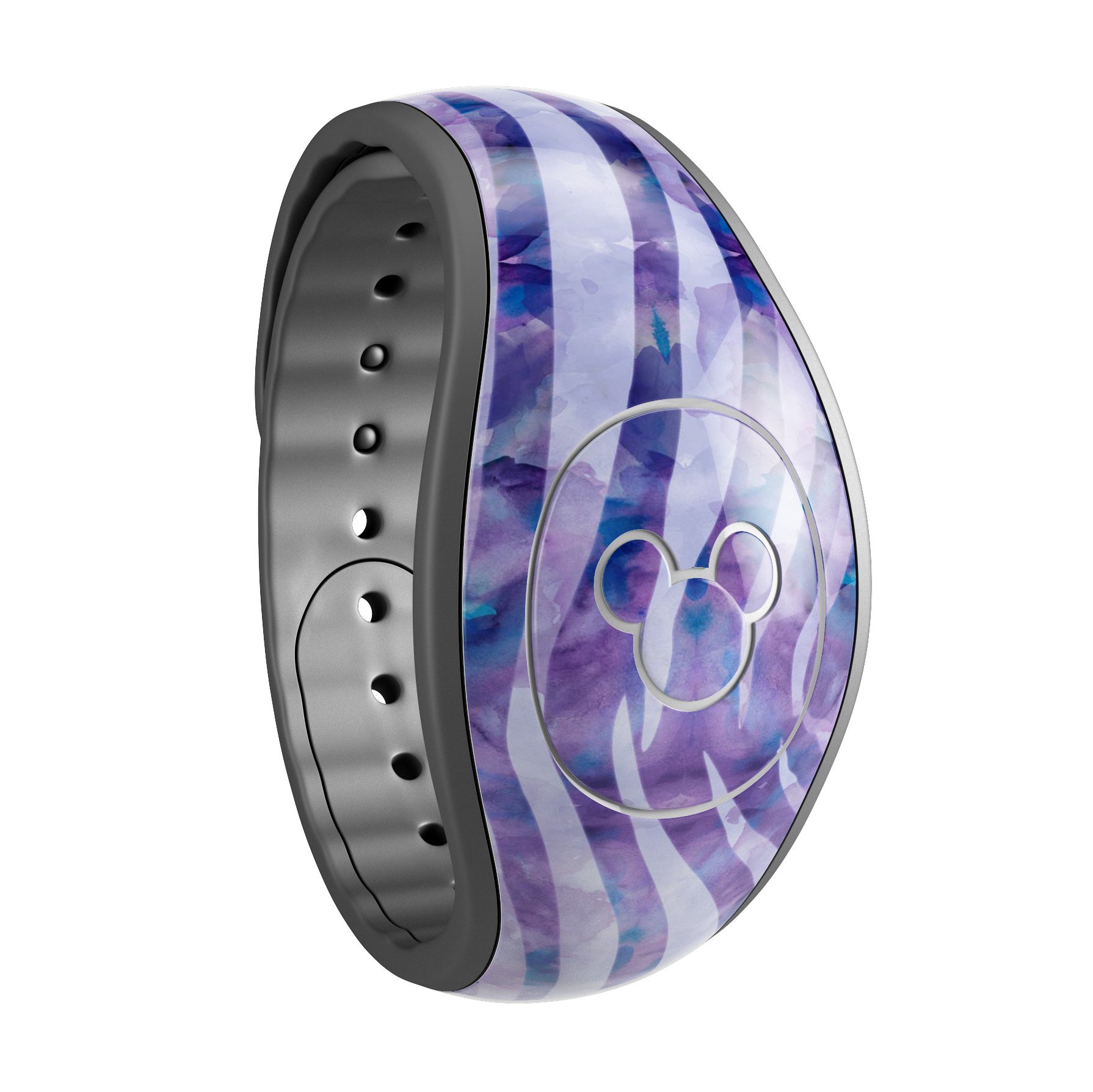 Purple Watercolor Zebra Pattern decal skin wrap kit designed for Disney Magic Band, showcasing vibrant colors and stylish design.