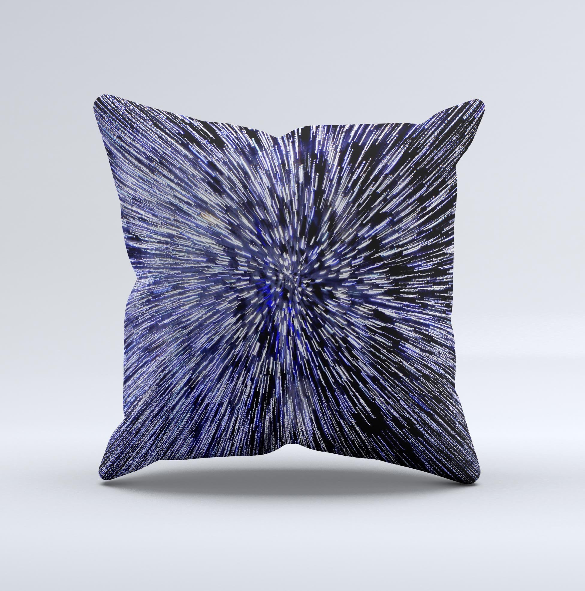Purple Zooming Lights decorative throw pillow with vibrant colors and unique design, showcasing its handmade quality.