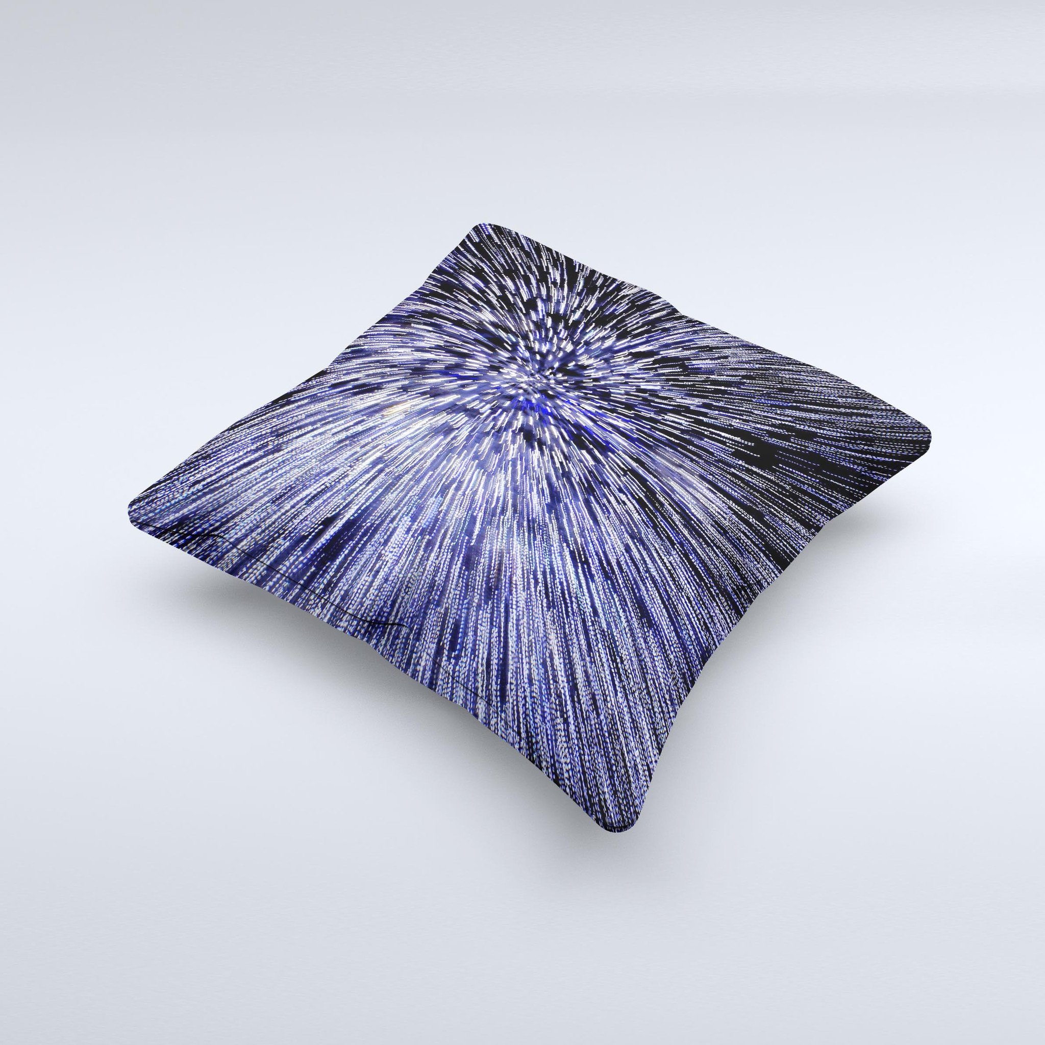Purple Zooming Lights decorative throw pillow with vibrant colors and unique design, showcasing its handmade quality.