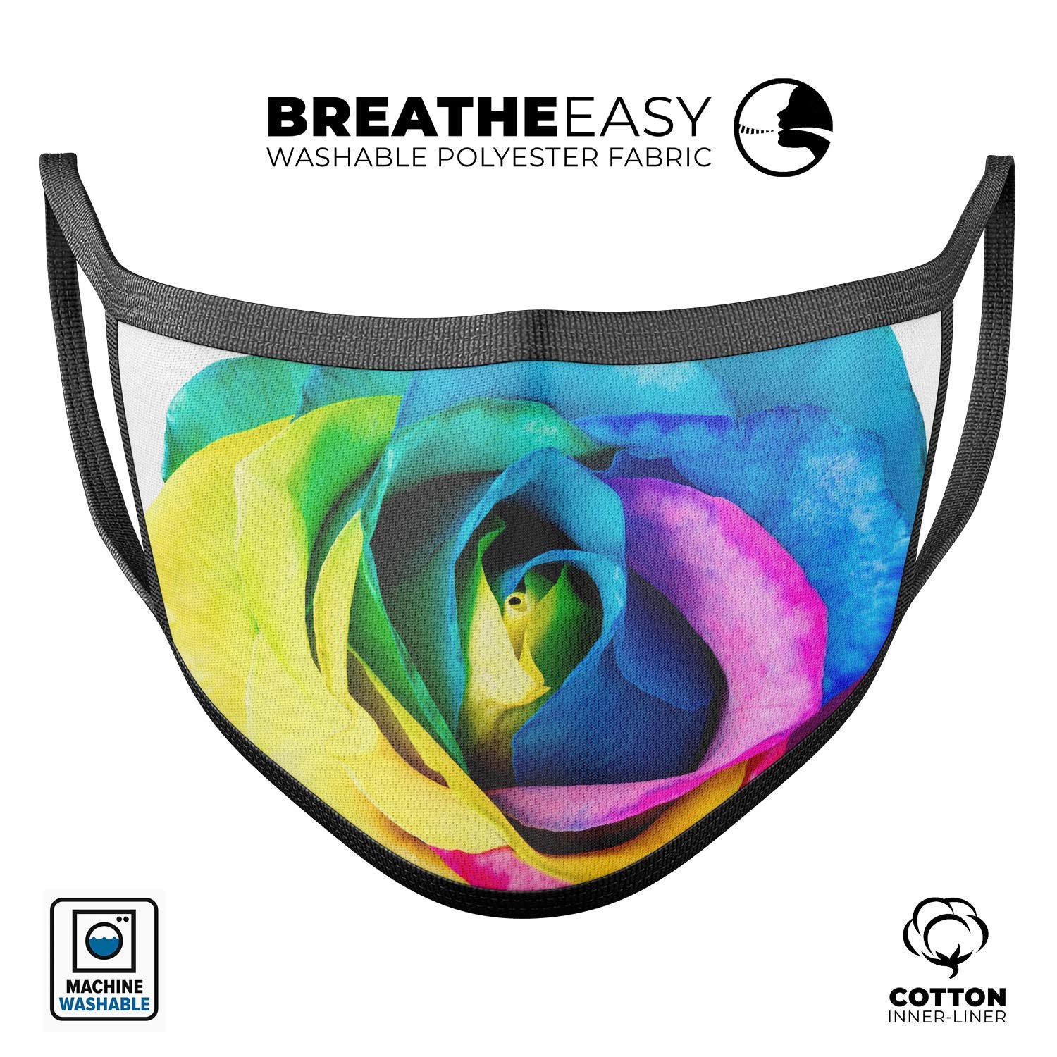 Rainbow Dyed Rose V1 mouth cover, showcasing vibrant colors and a comfortable design, made from 100% cotton.