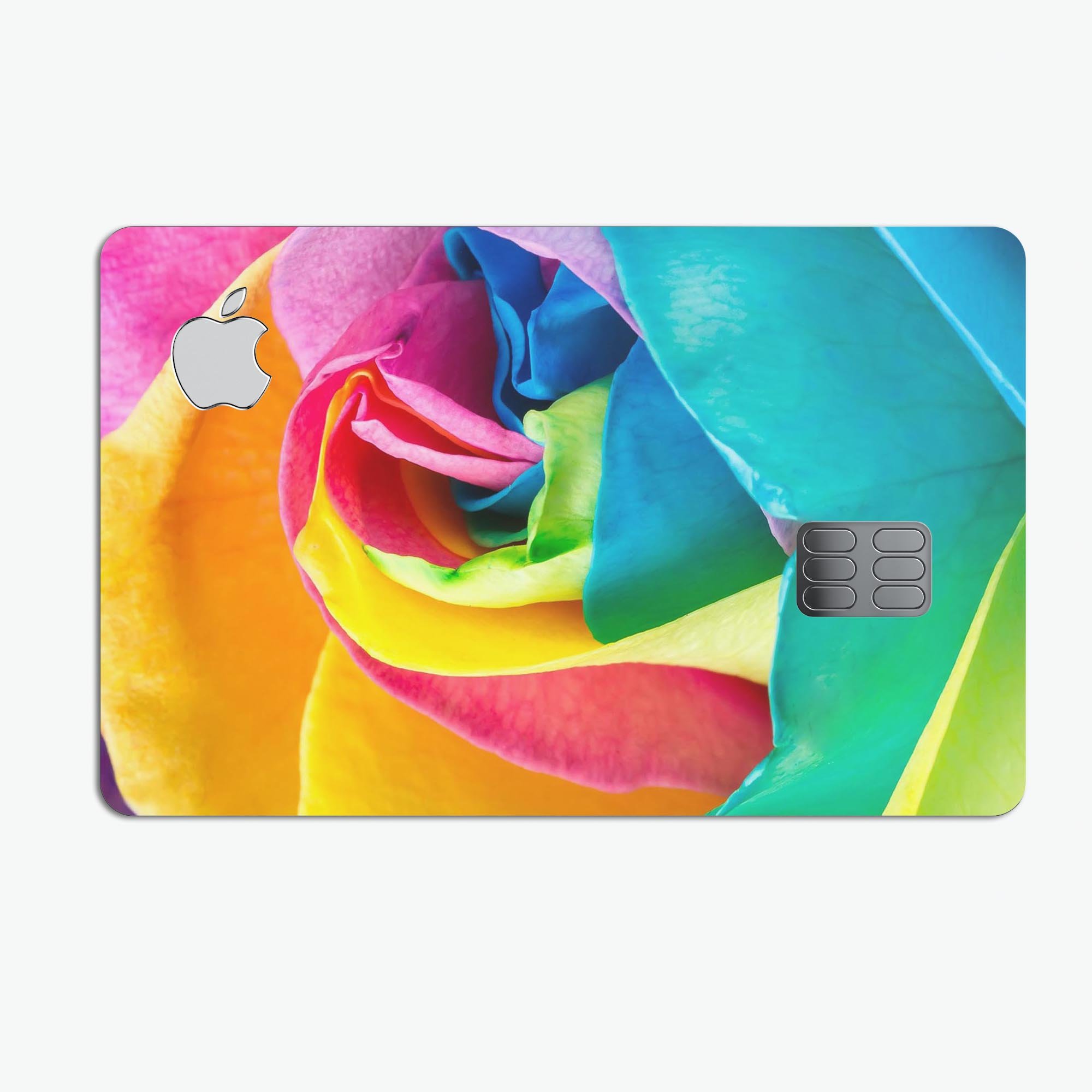 Rainbow Dyed Rose V2 decal skin for Apple Card, showcasing vibrant colors and premium vinyl material.